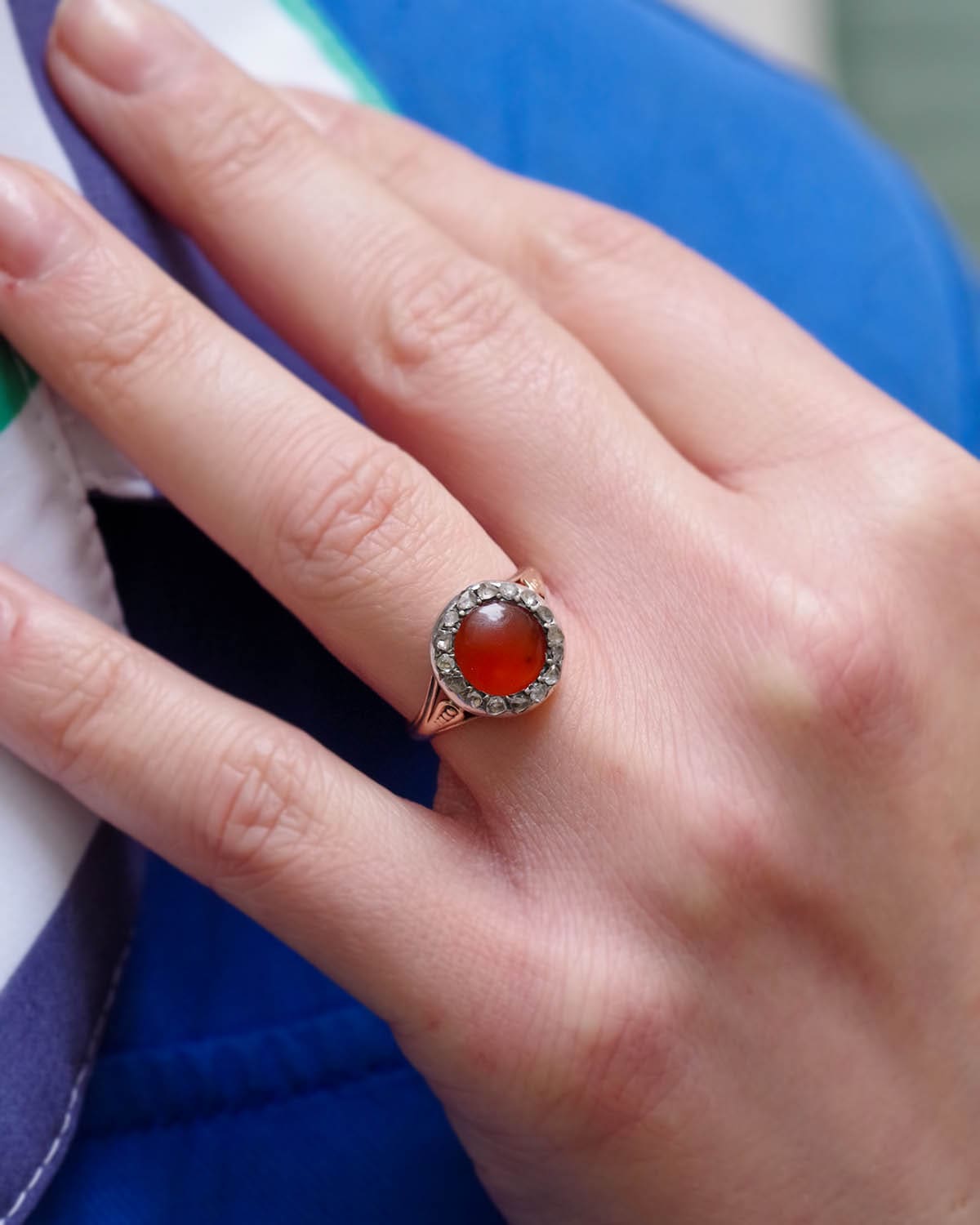 Carnelian diamond cluster ring