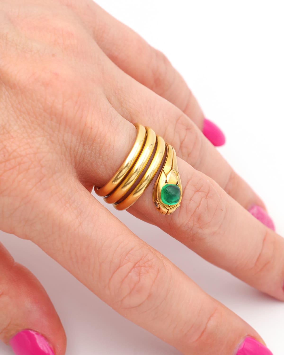 Sugarloaf emerald snake ring in gold