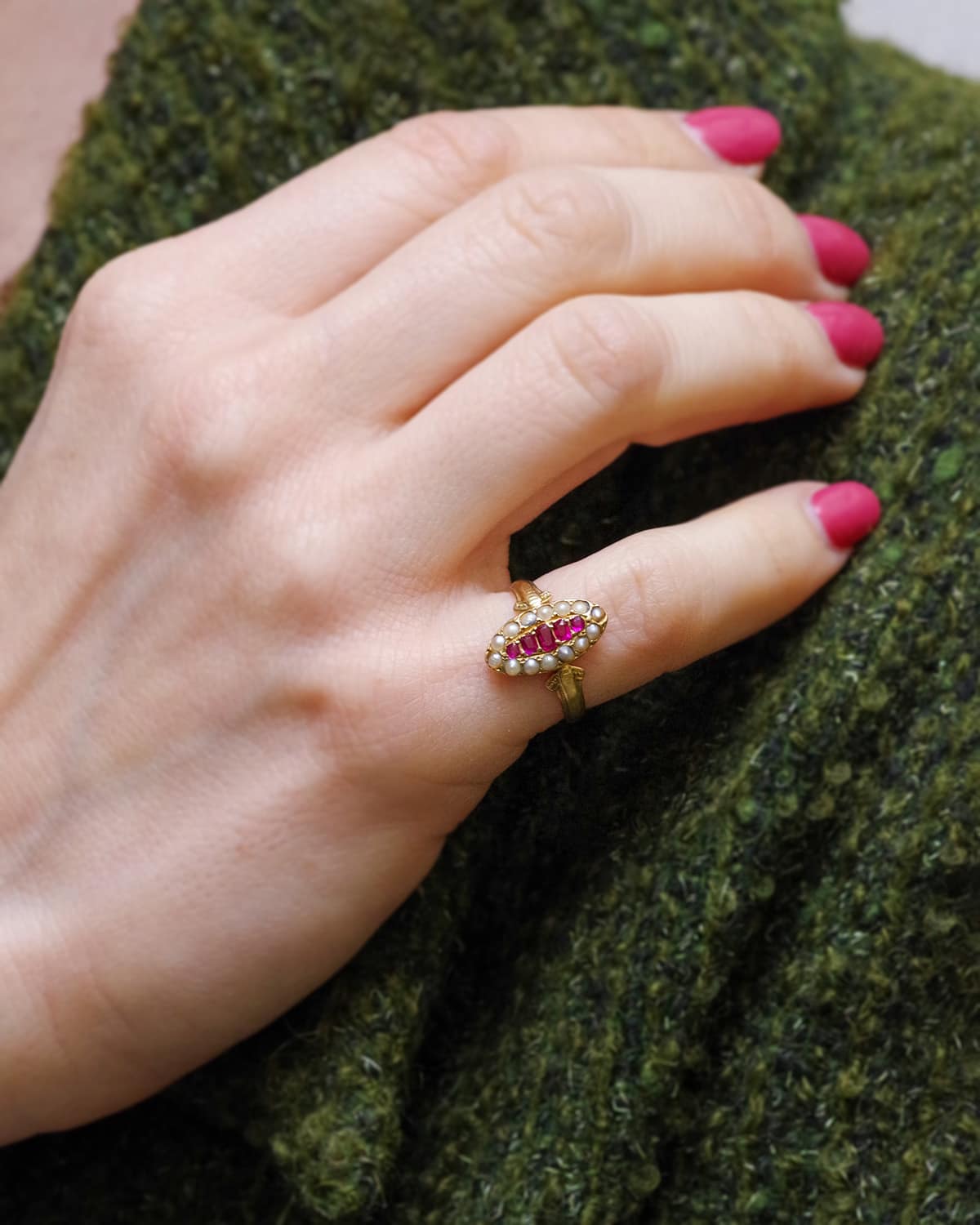 ruby navette ring in gold