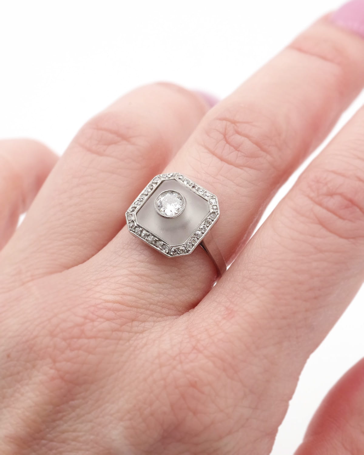 Art Deco crystal rock and diamond ring