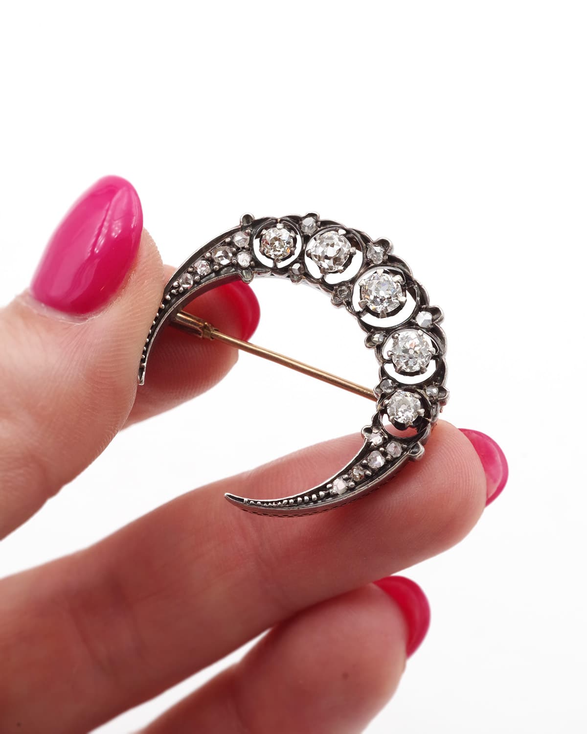 Victorian crescent moon diamond brooch