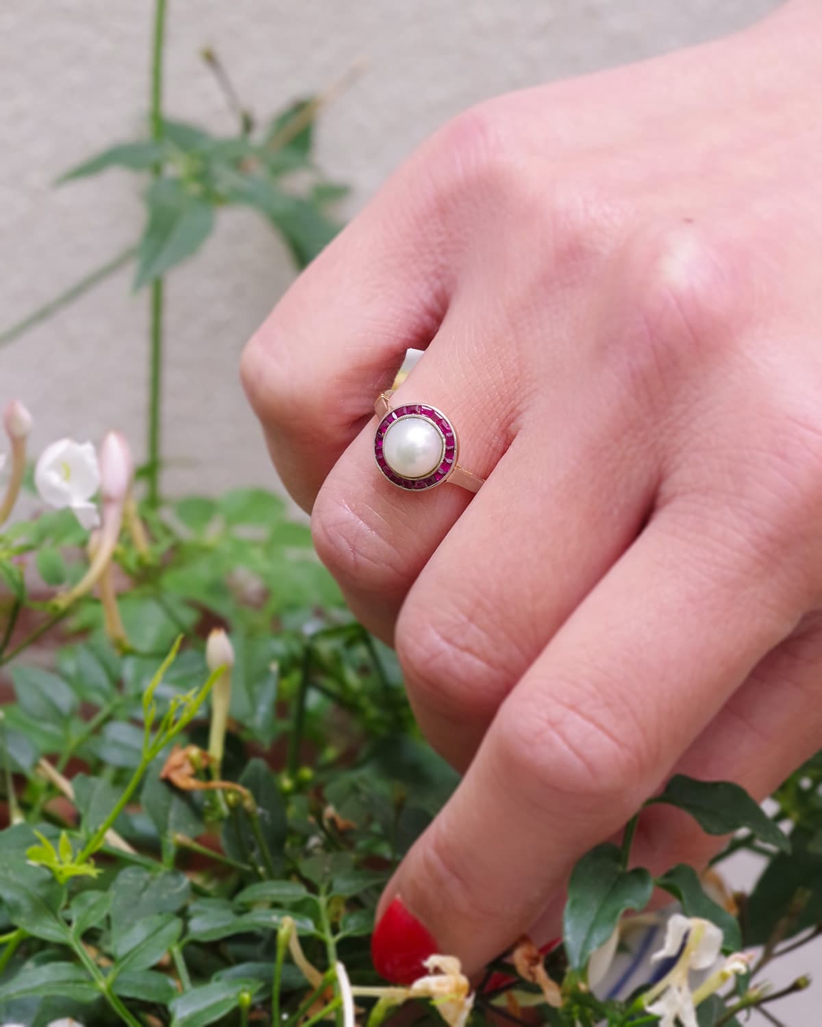Art deco pearl and ruby ring