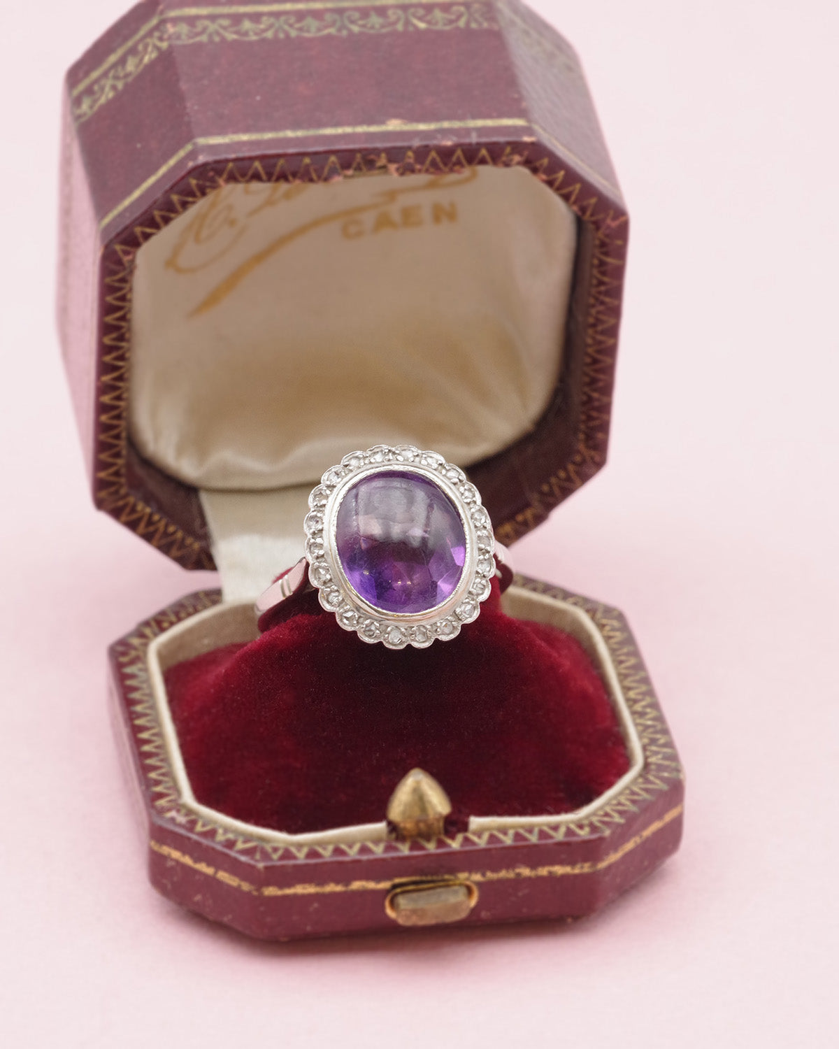 Amethyst diamond ring in platinum