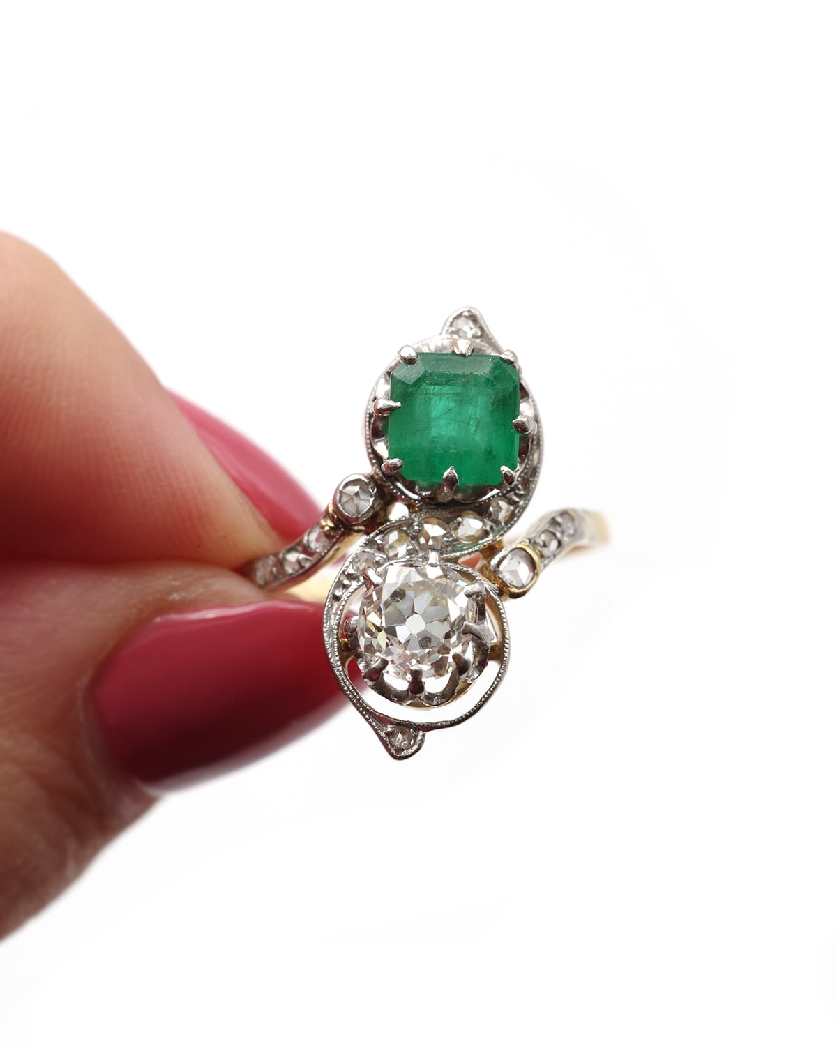 You and me ring with diamond and emerald