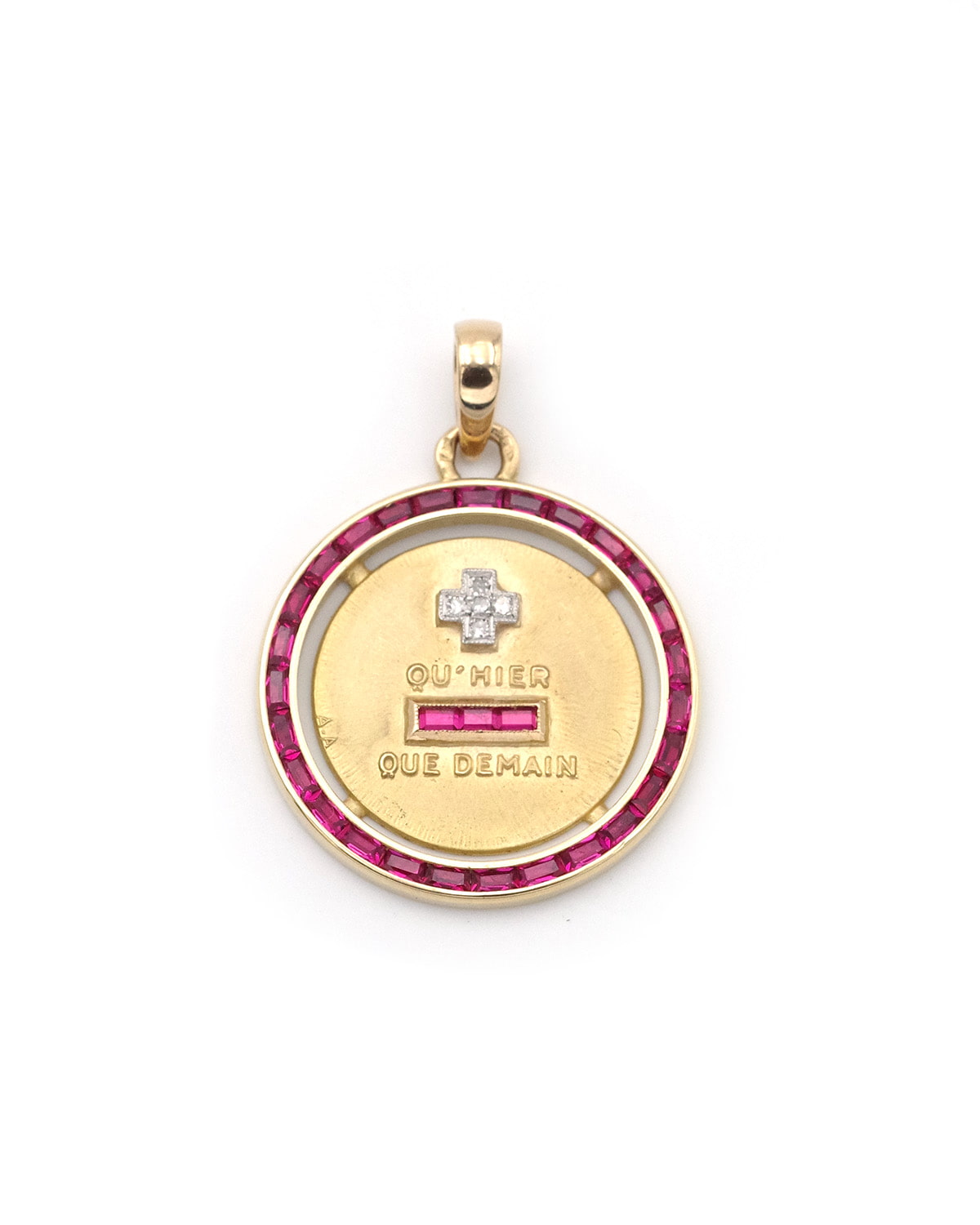Mid century halo ruby love pendant by Augis