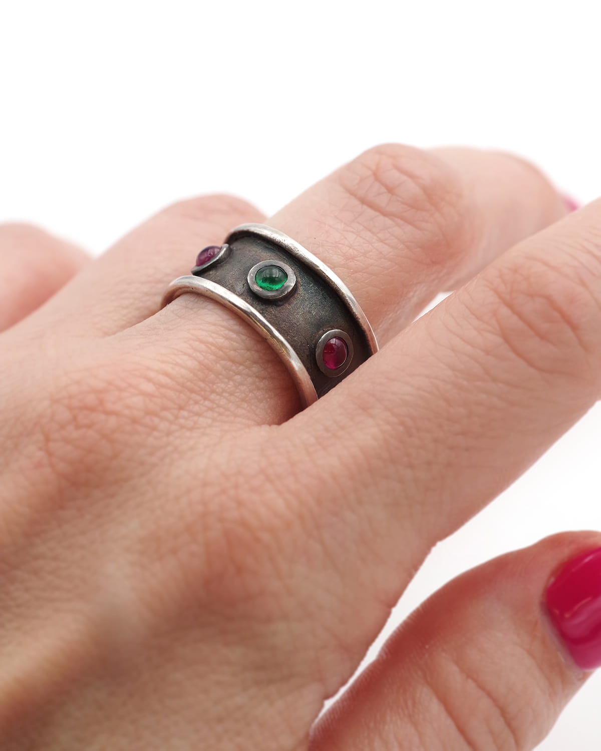 Silver ruby and emerald ring by poncini