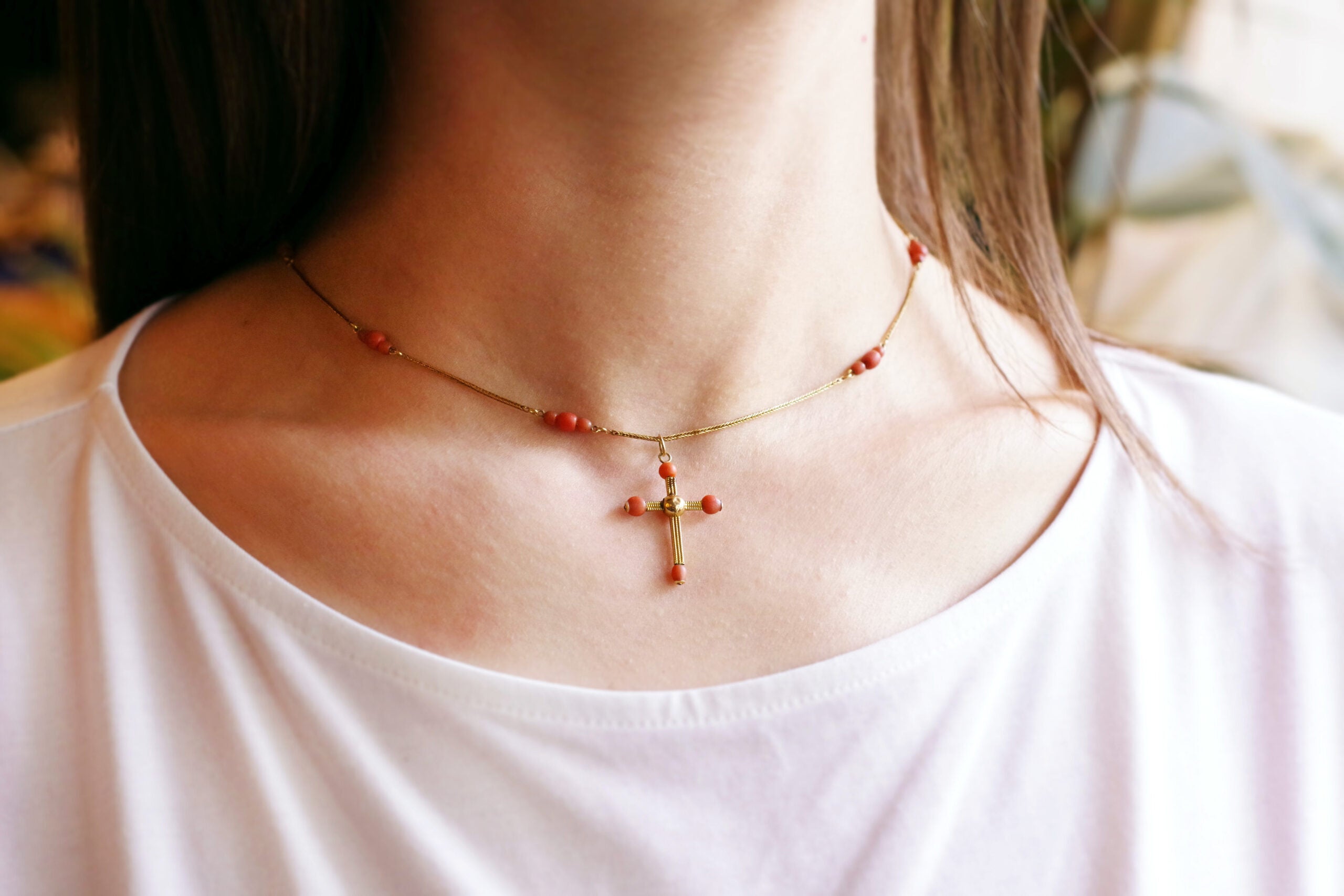 Antique coral cross gold necklace