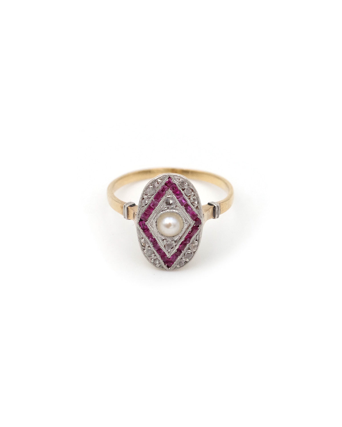 Bague Art Deco diamants perle et rubis