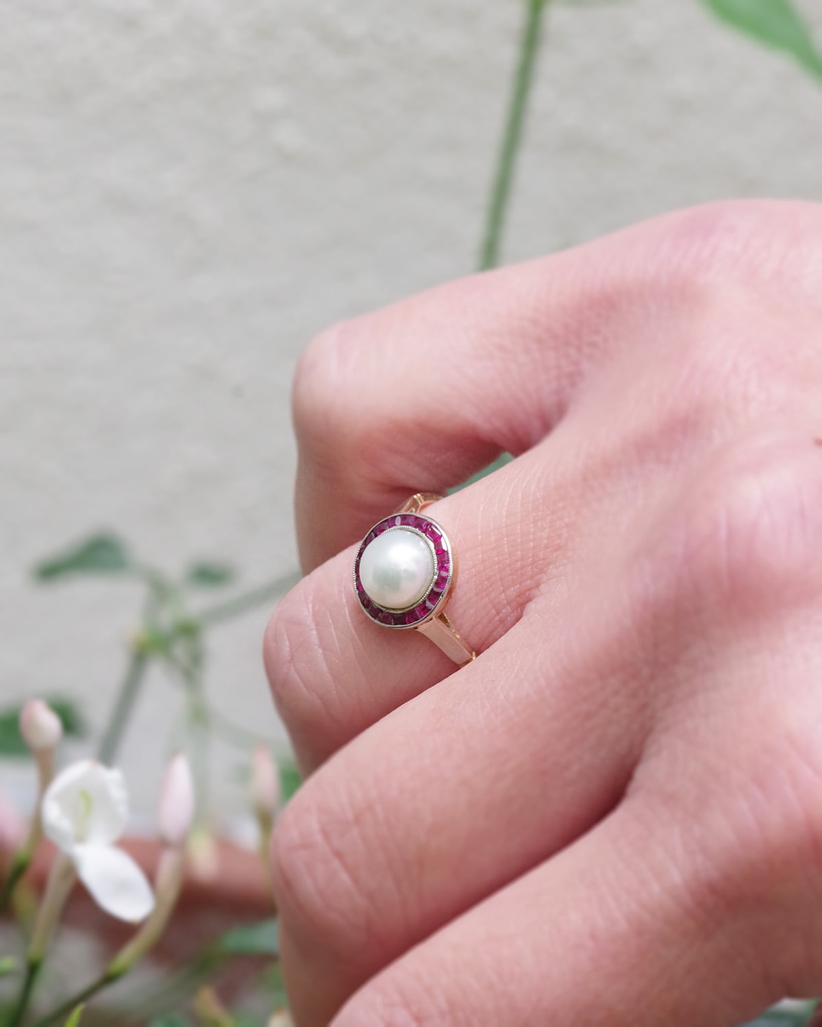 Ruby and pearl art deco ring