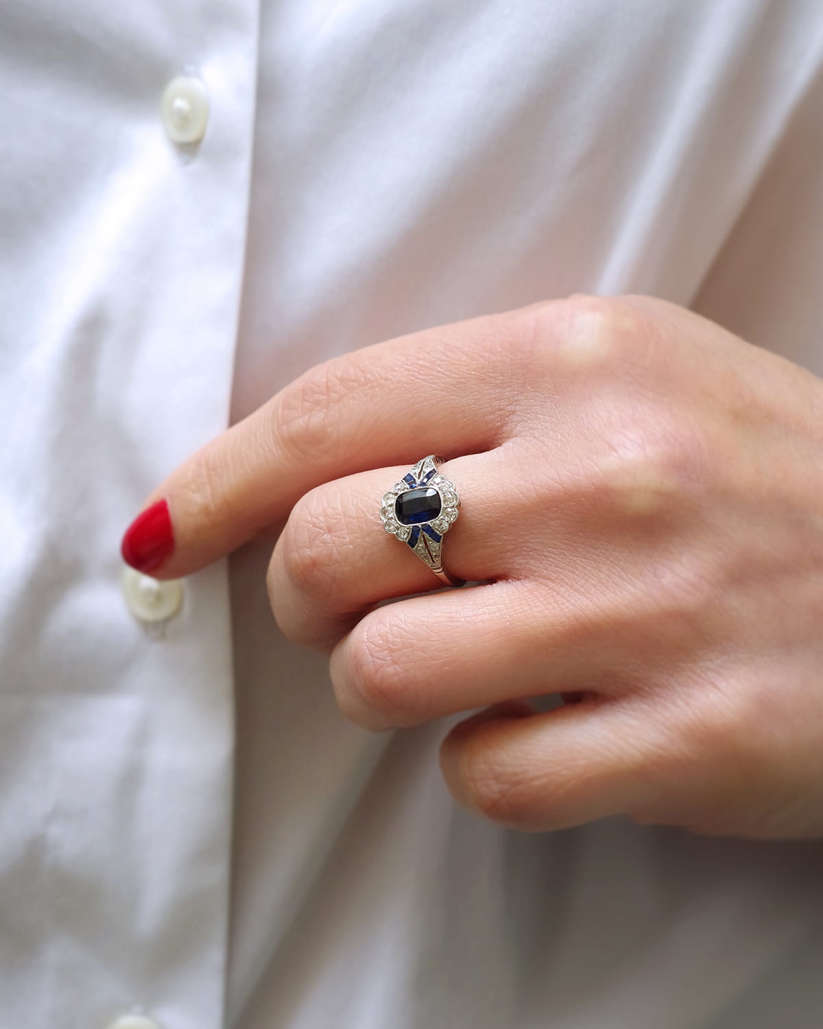 bague platine art deco saphir