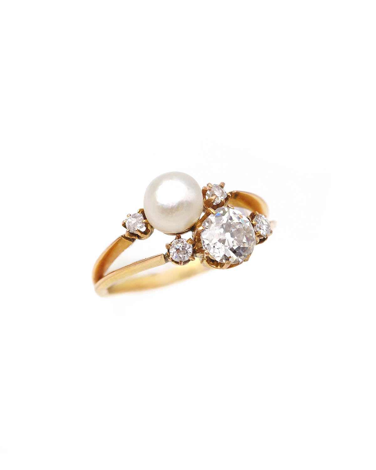 Edwardian French Toi et Moi Diamond Pearl Ring