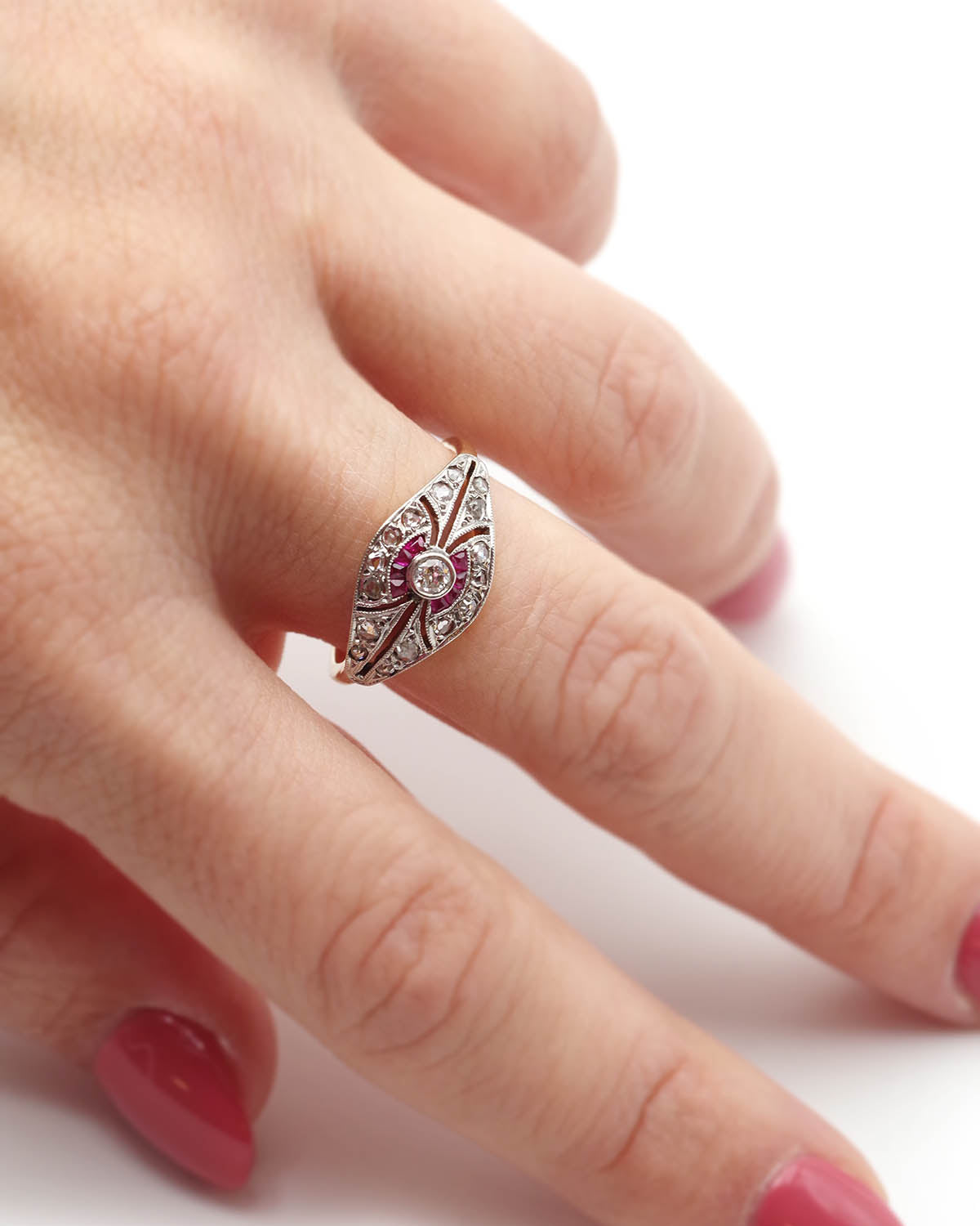 Art Deco band ring ruby and diamond
