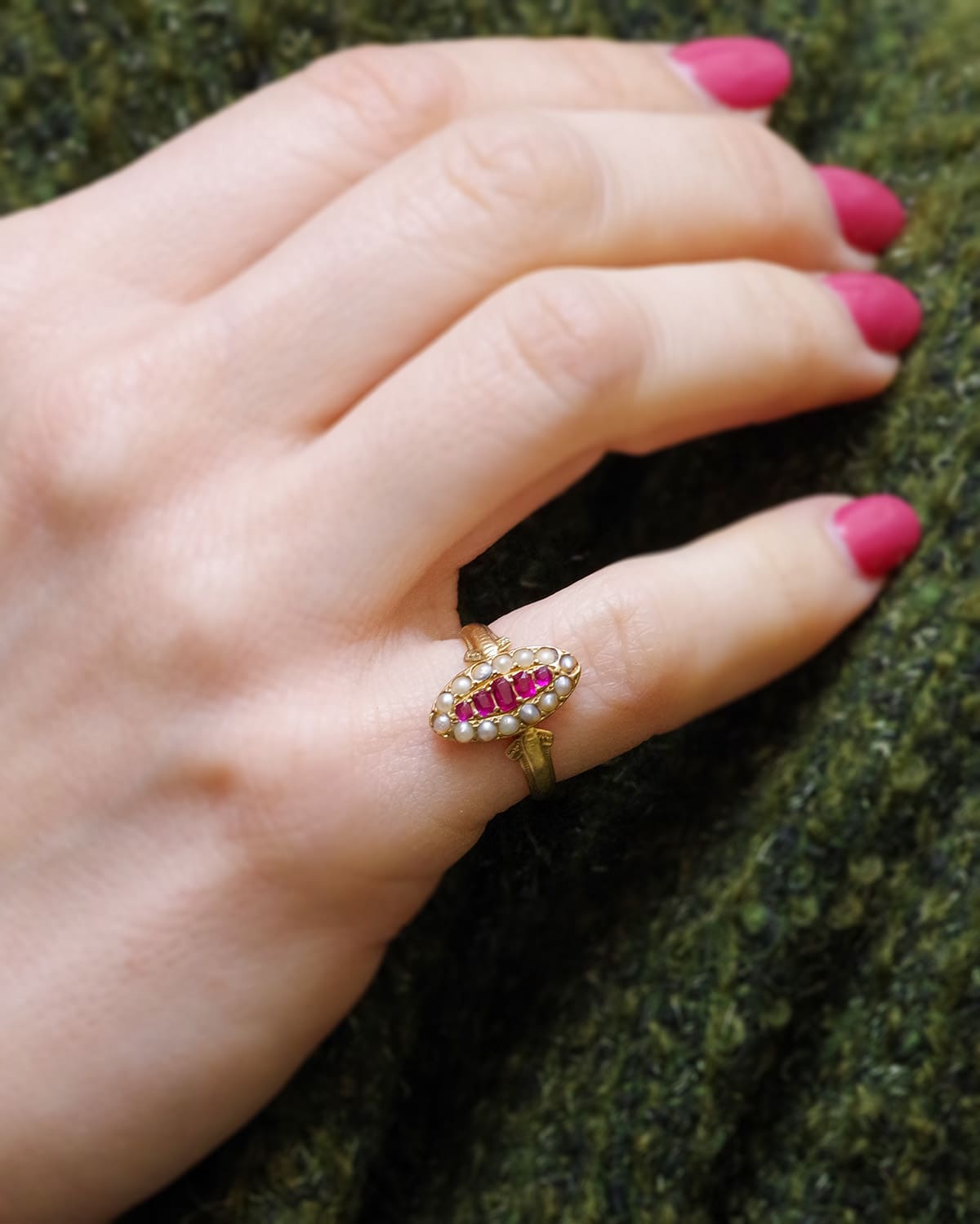 Ruby navette ring and pearls