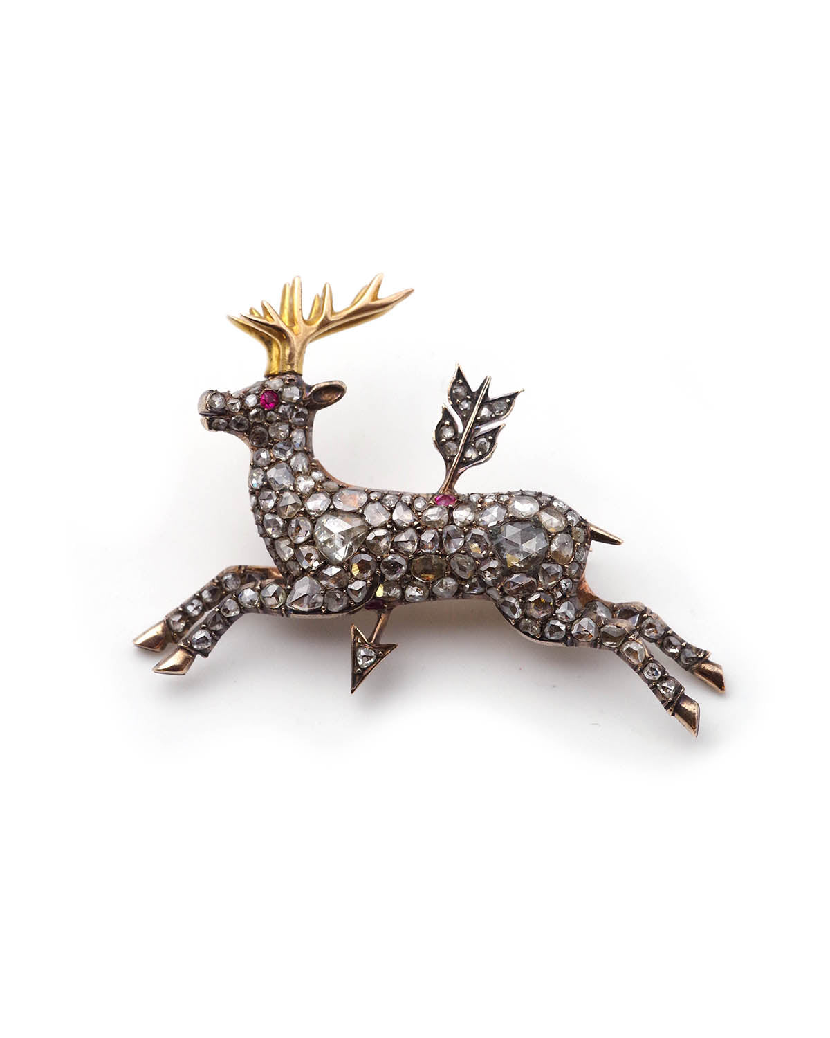 Victorian arrow diamond ruby deer brooch