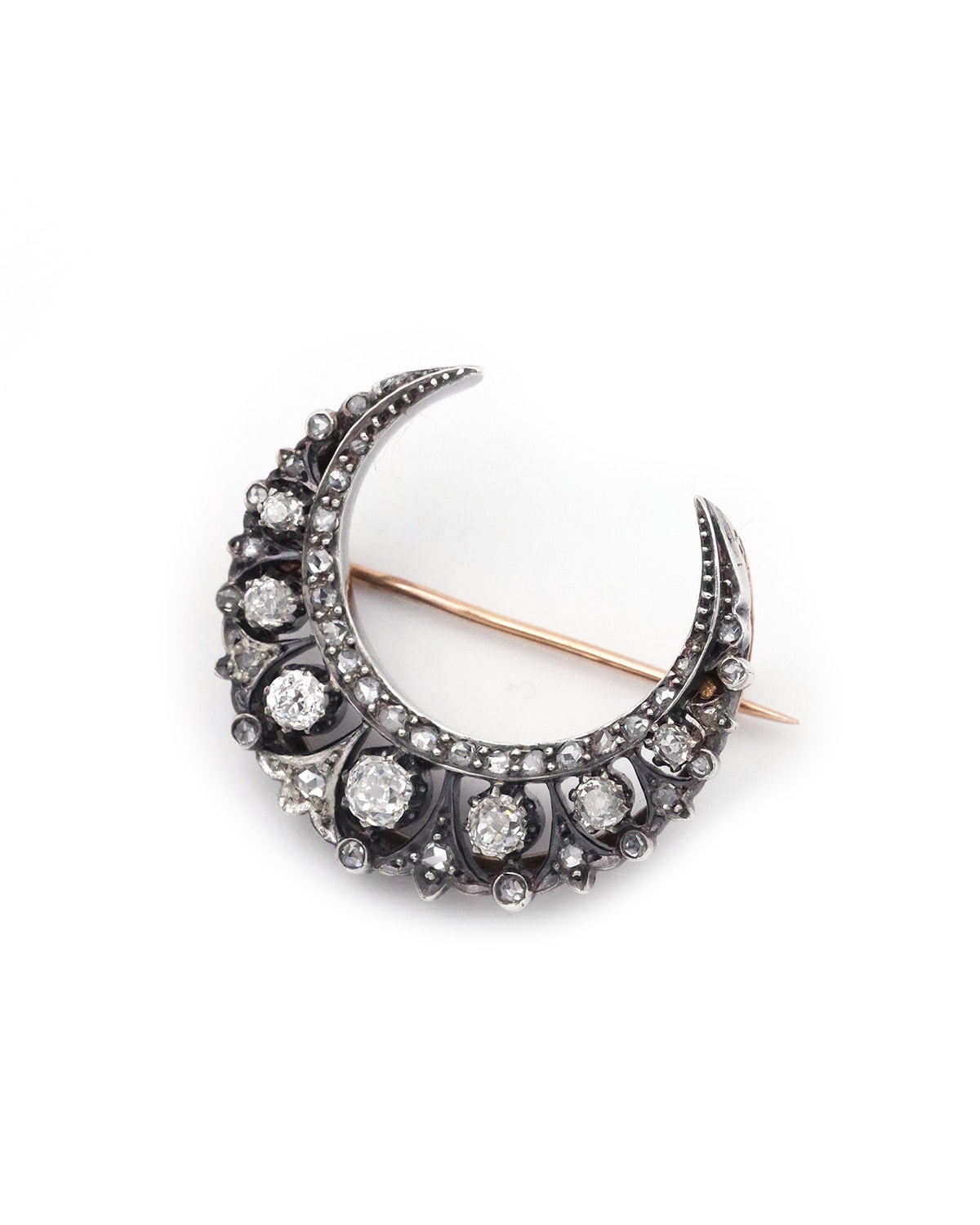 Broche lune diamants en or et argent