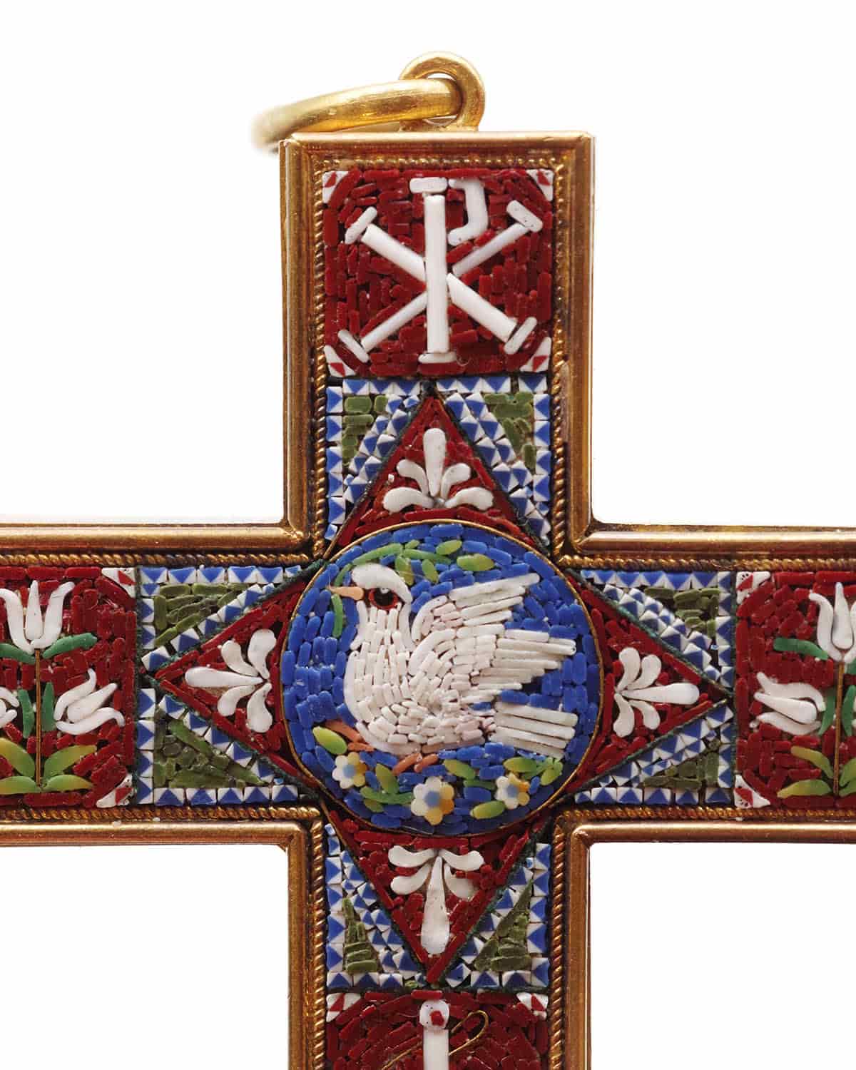 Grand Tour micromosaic gold cross pendant