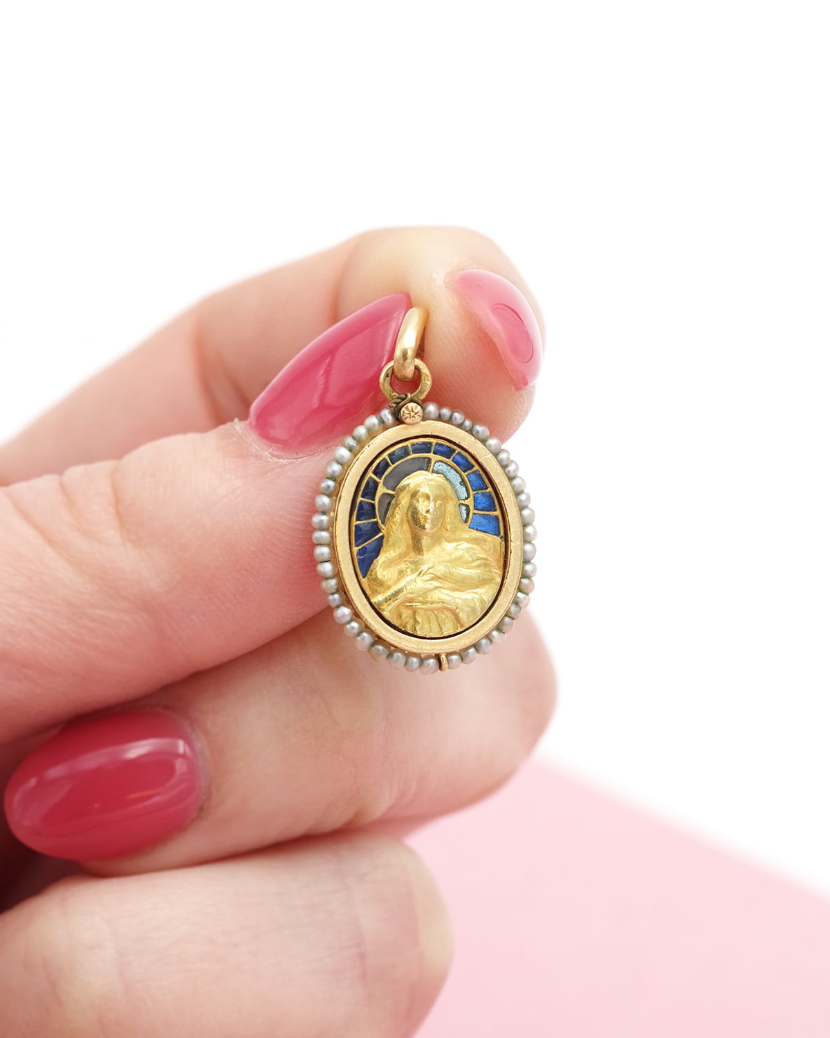 Art nouveau enamel Mary pendant