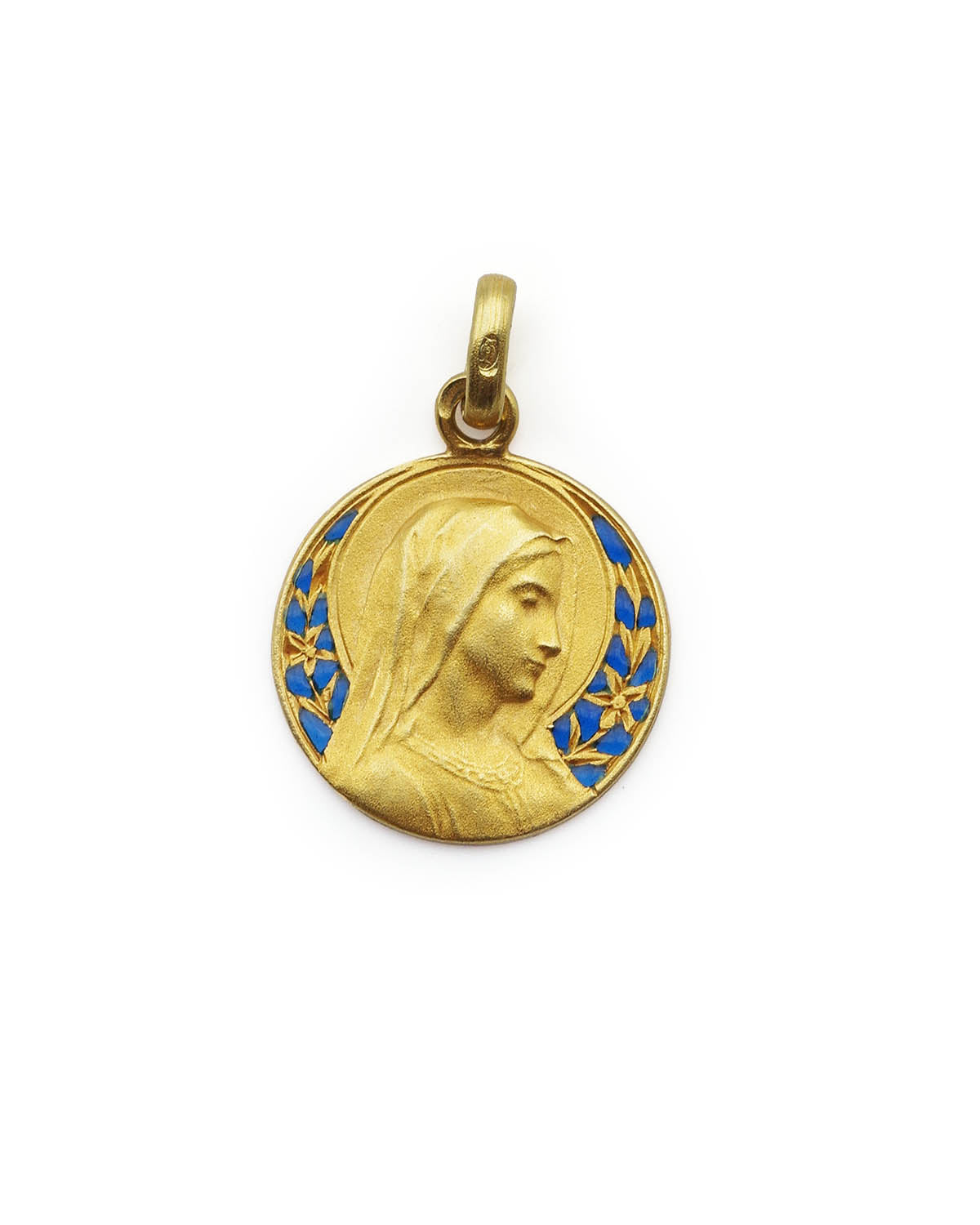 médaille ancienne Vierge Marie en émail bleu