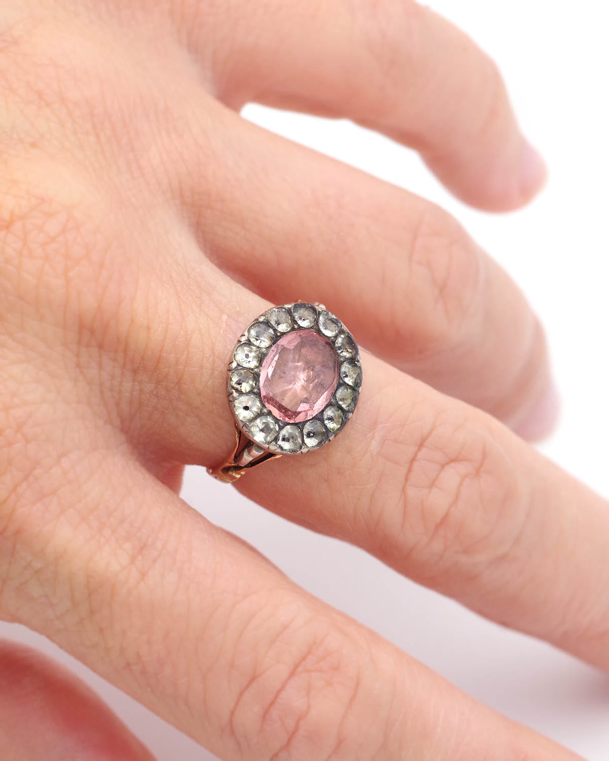 pink stone ring in gold and silver