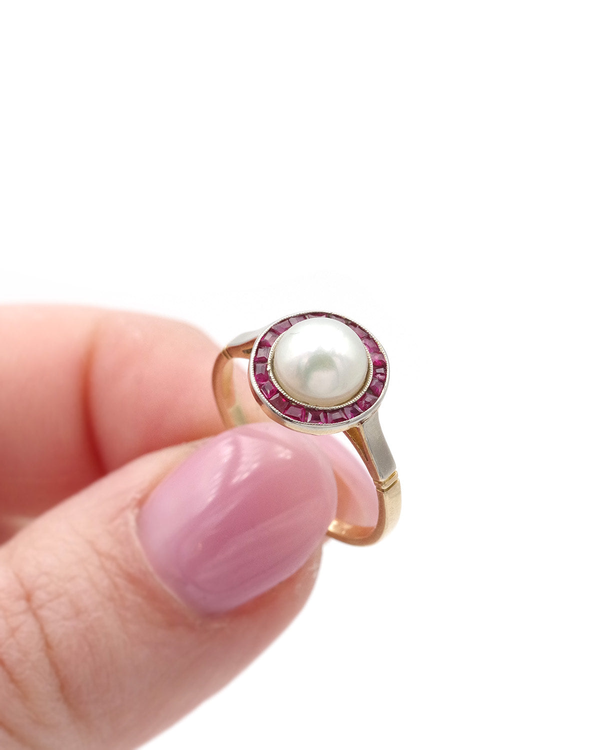 Bague halo rubis et perle de culture