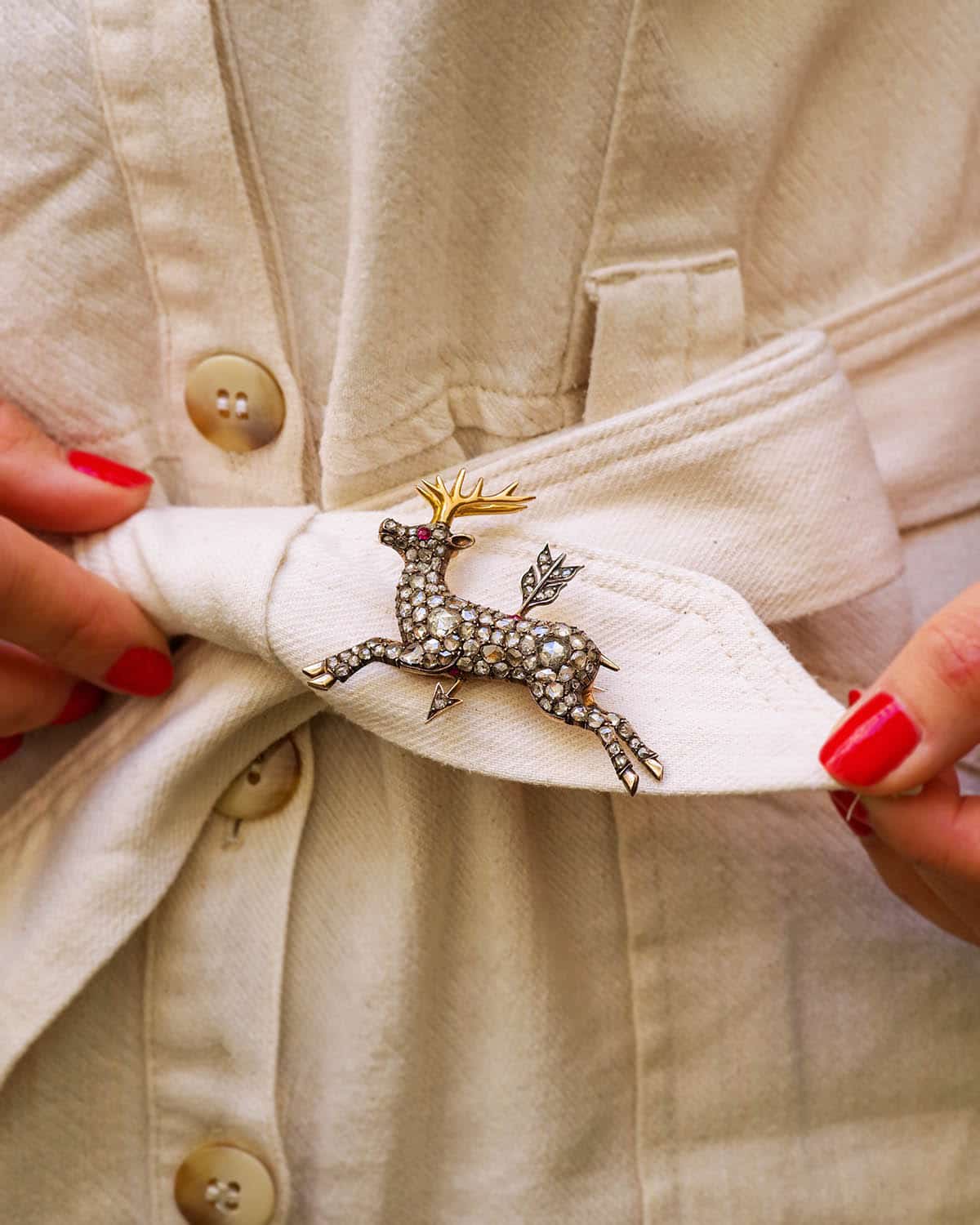 diamond ruby deer arrow brooch
