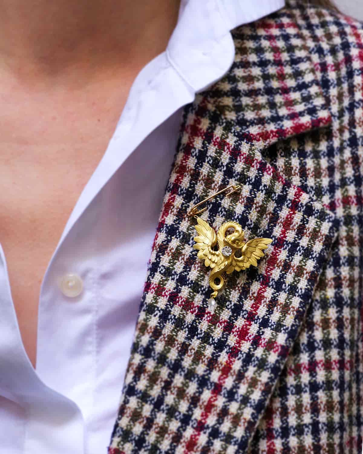 Diamond chimera gold brooch