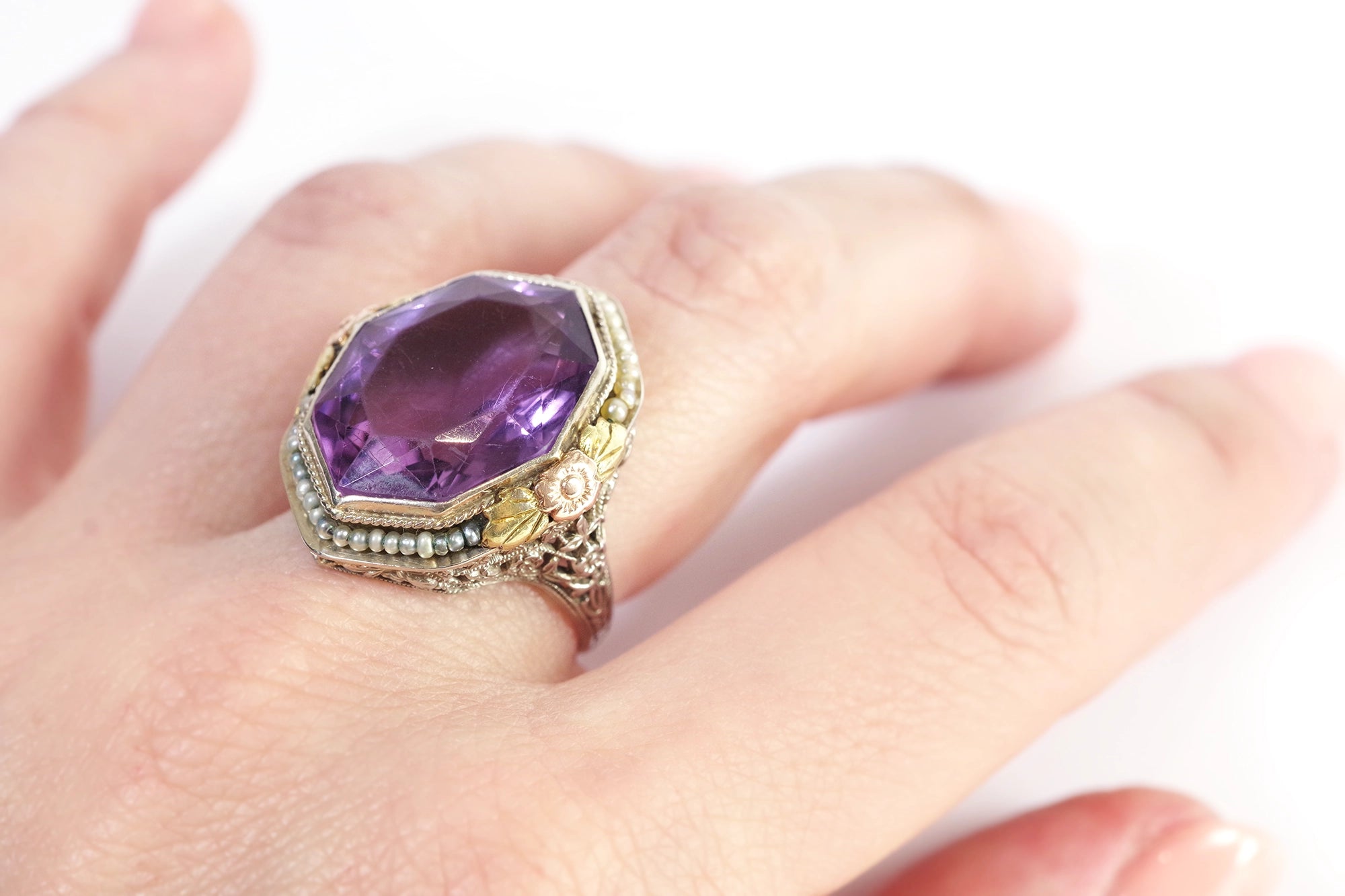 Bague amethyste perles en or