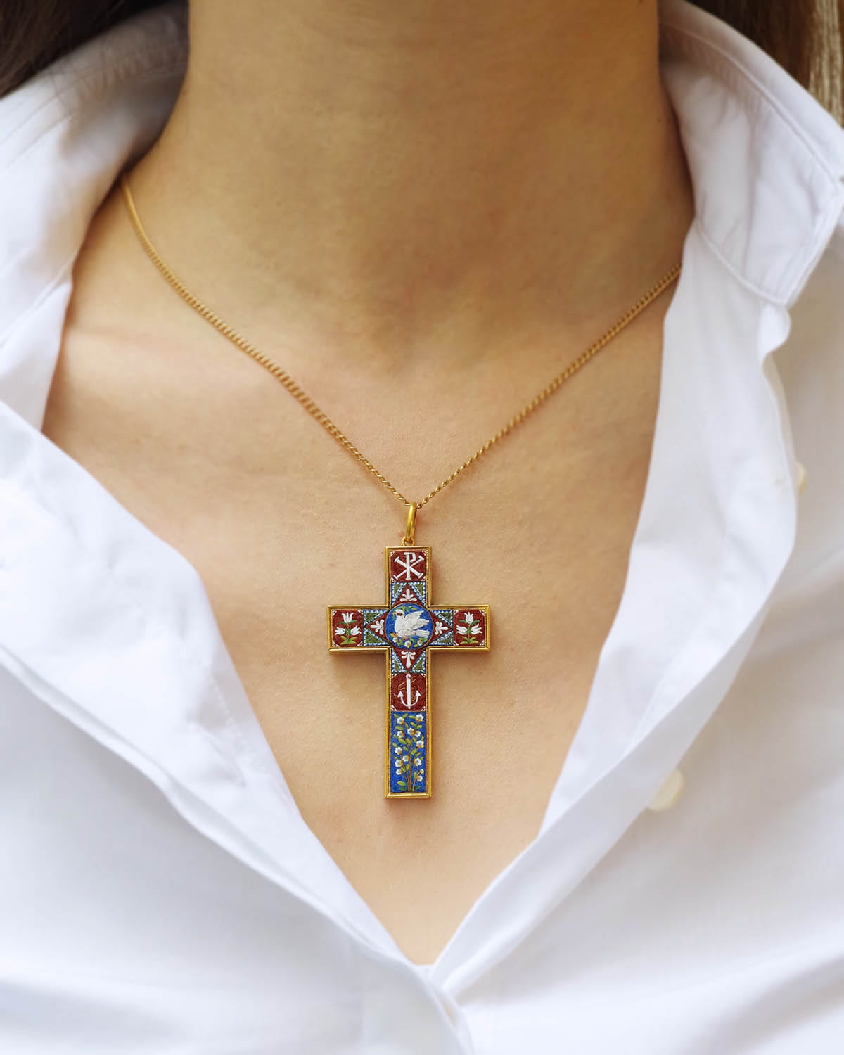Antique Grand Tour micromosaic gold cross pendant