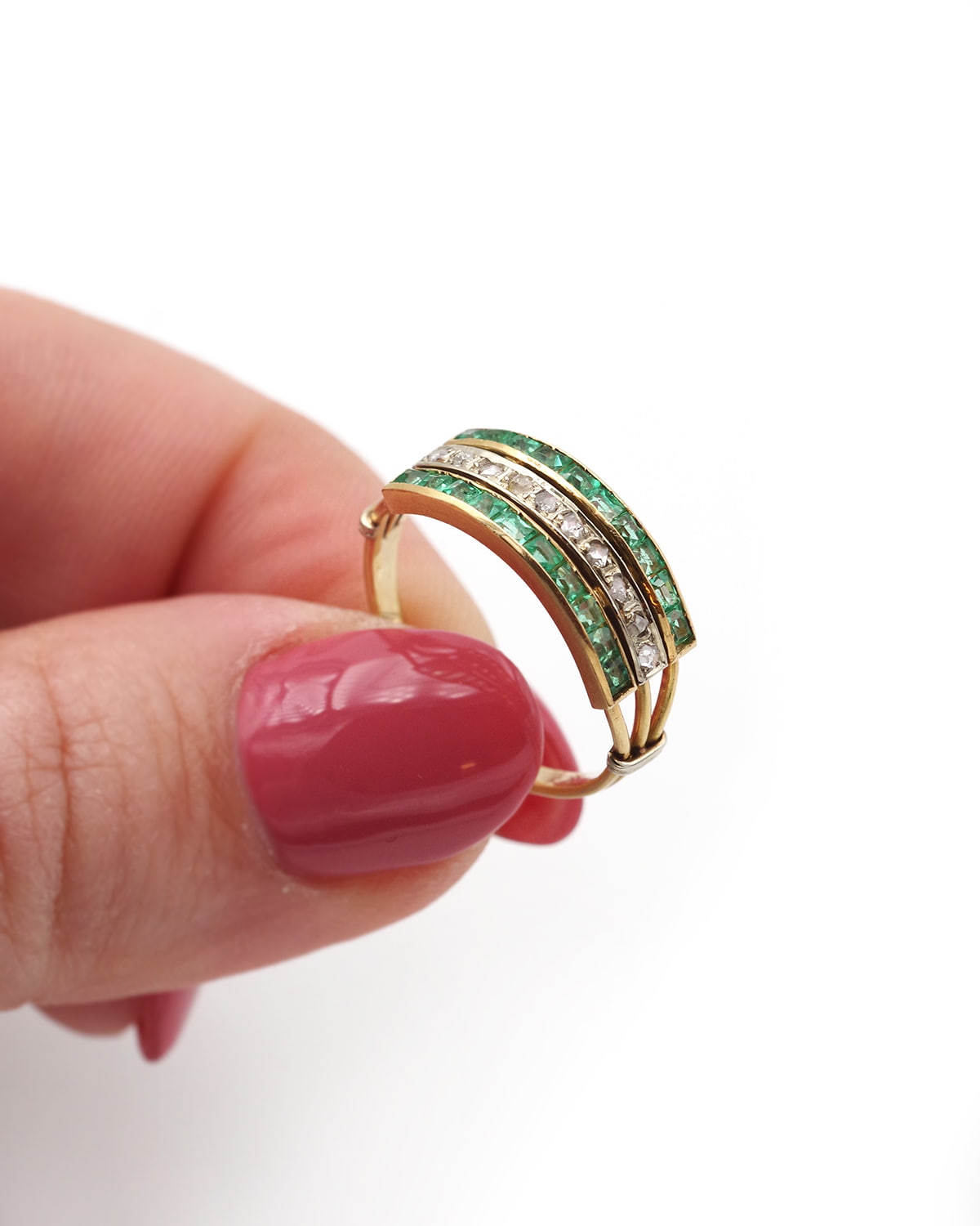 Emerald diamond line ring