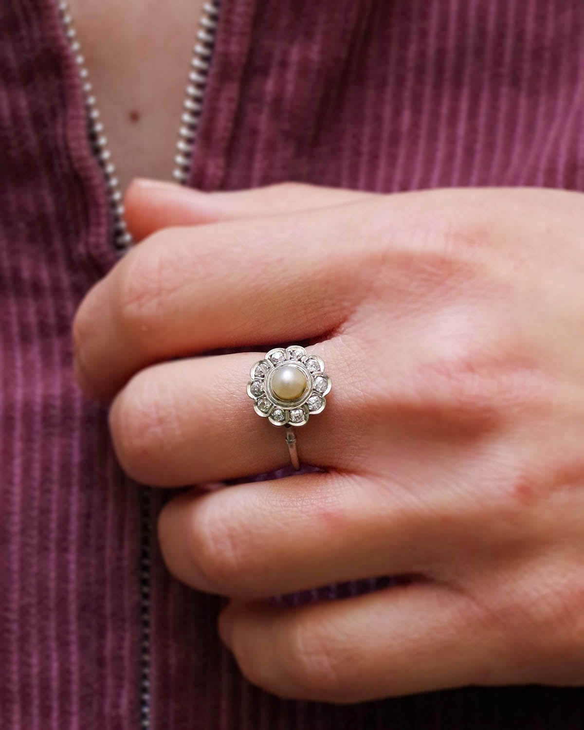 bague Art Deco perle fine en or