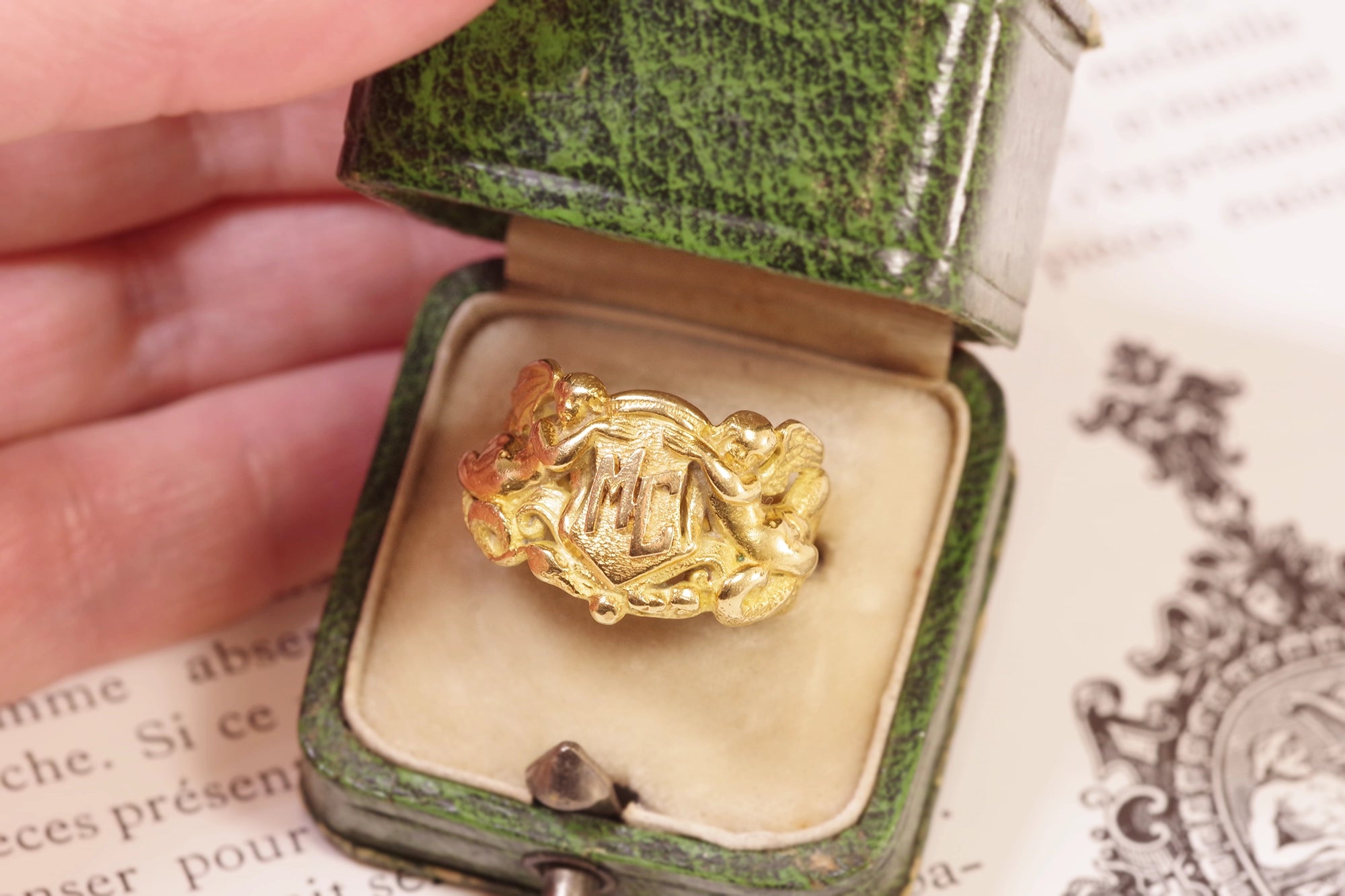 Art Nouveau Angel and demon ring in gold