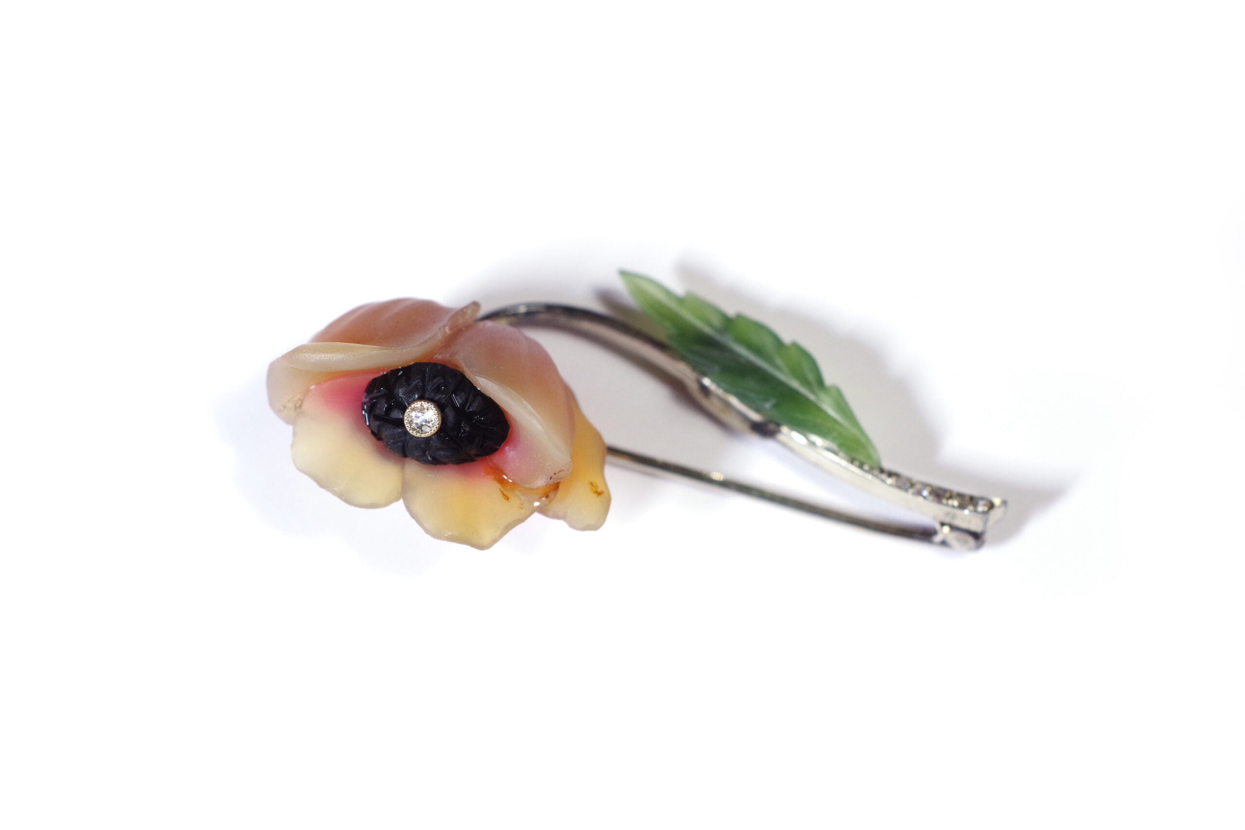 broche coquelicot agate et nephrite en or