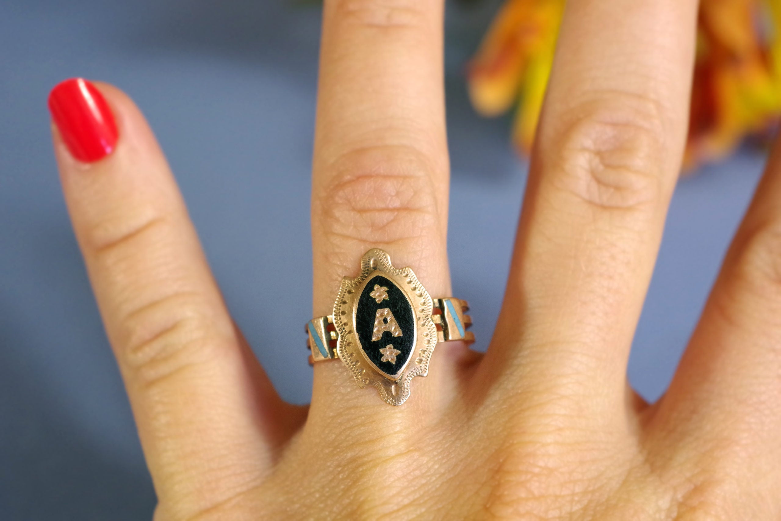 victorian A letter ring in gold 14k bleu robin egg