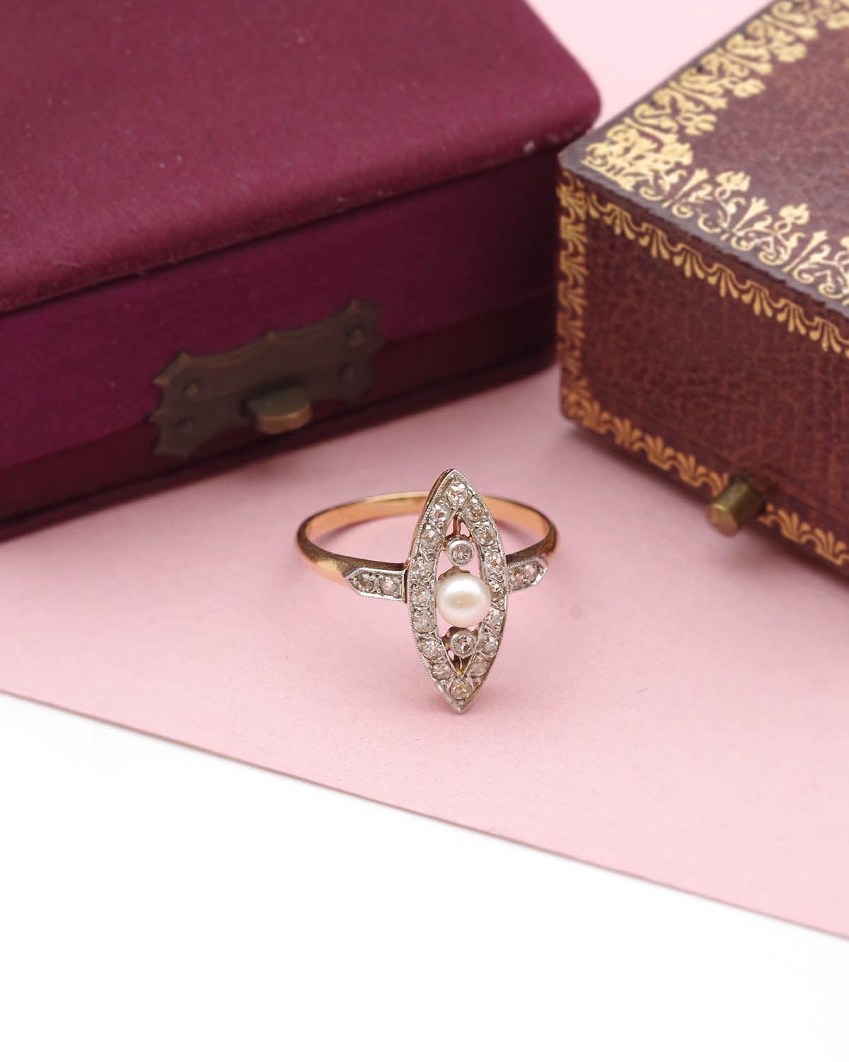 Marquise pearl diamond cluster ring