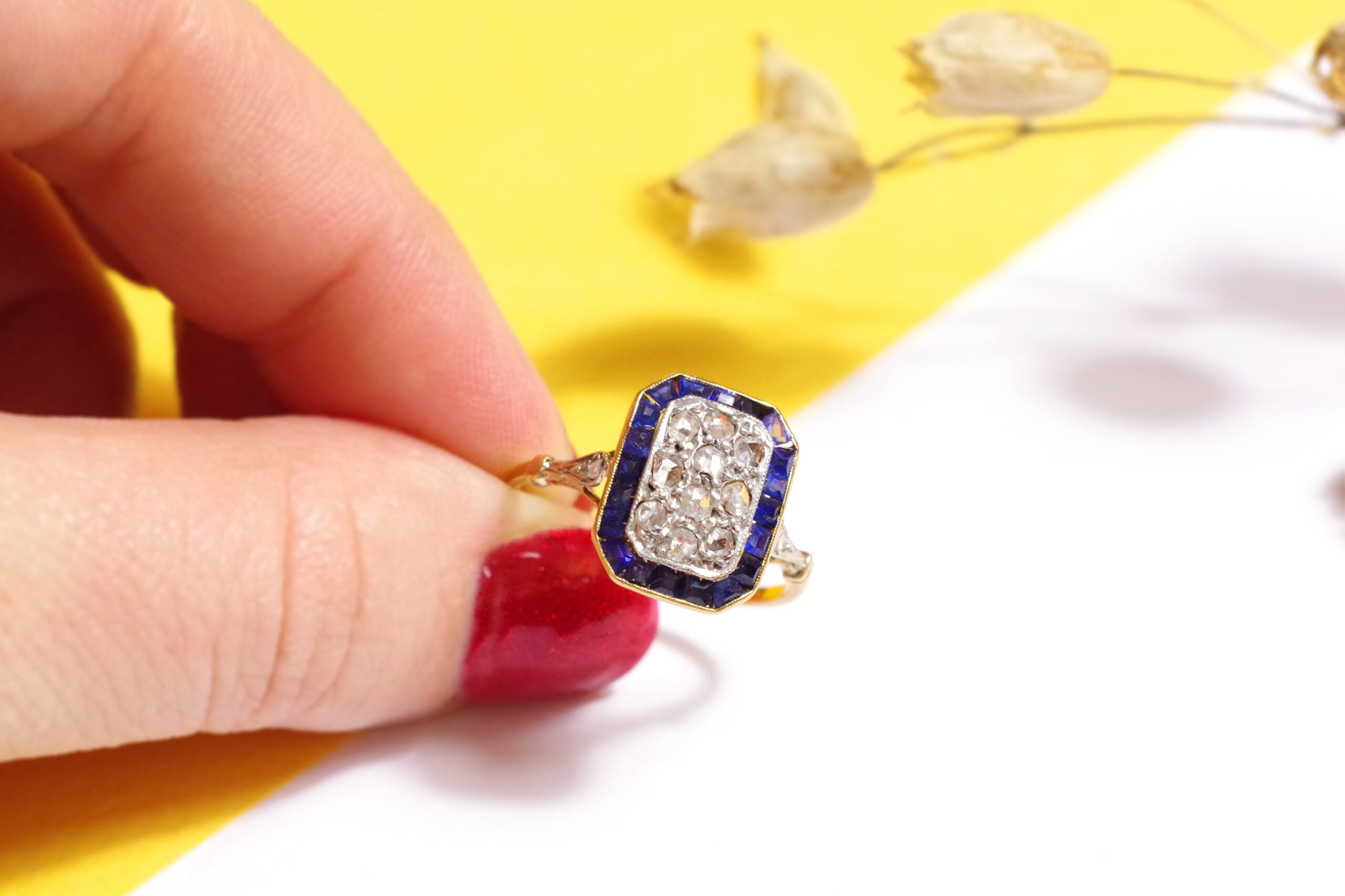 art deco ring with sapphire and diamond