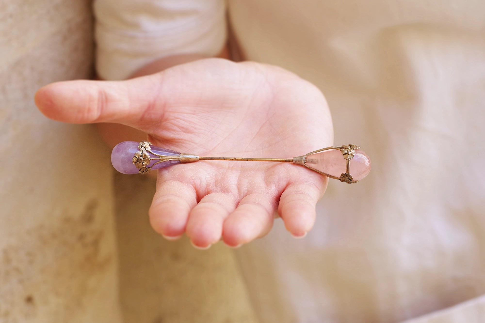 Silver amethyst and quartz hair pin