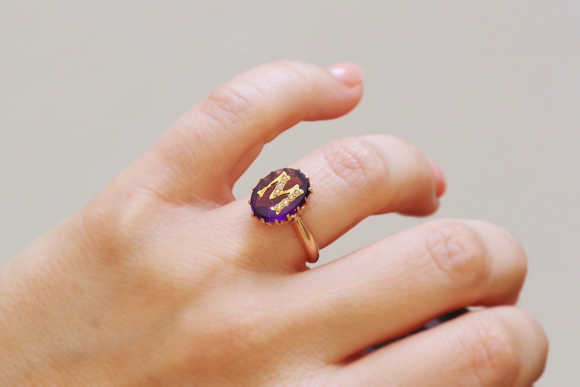 Amethyst gold ring in gold M letter