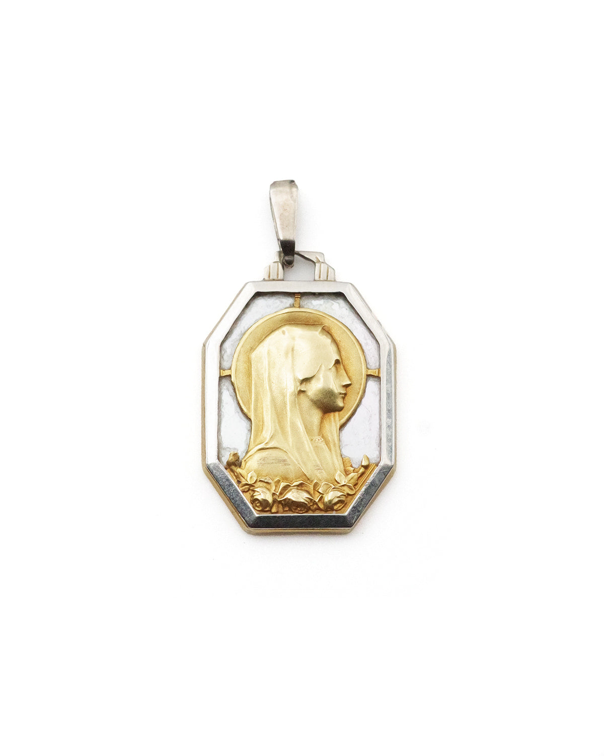 Art Deco platinum Virgin mary medal 