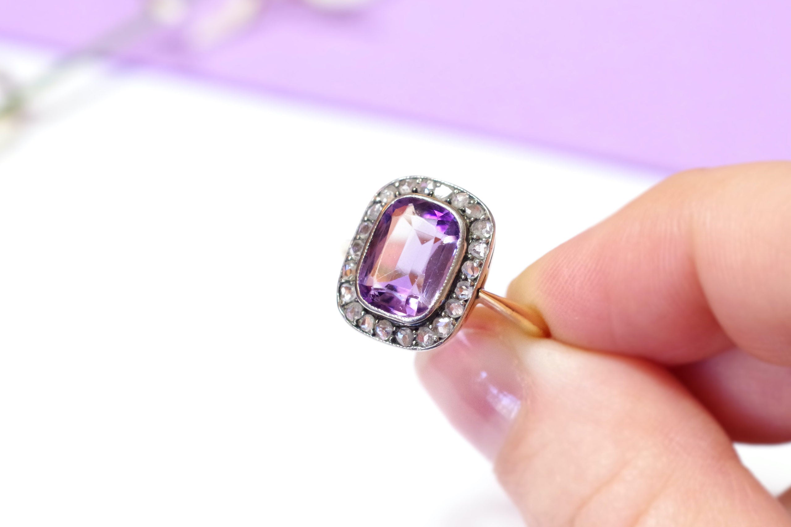 Amethyst rose cut diamond ring in gold