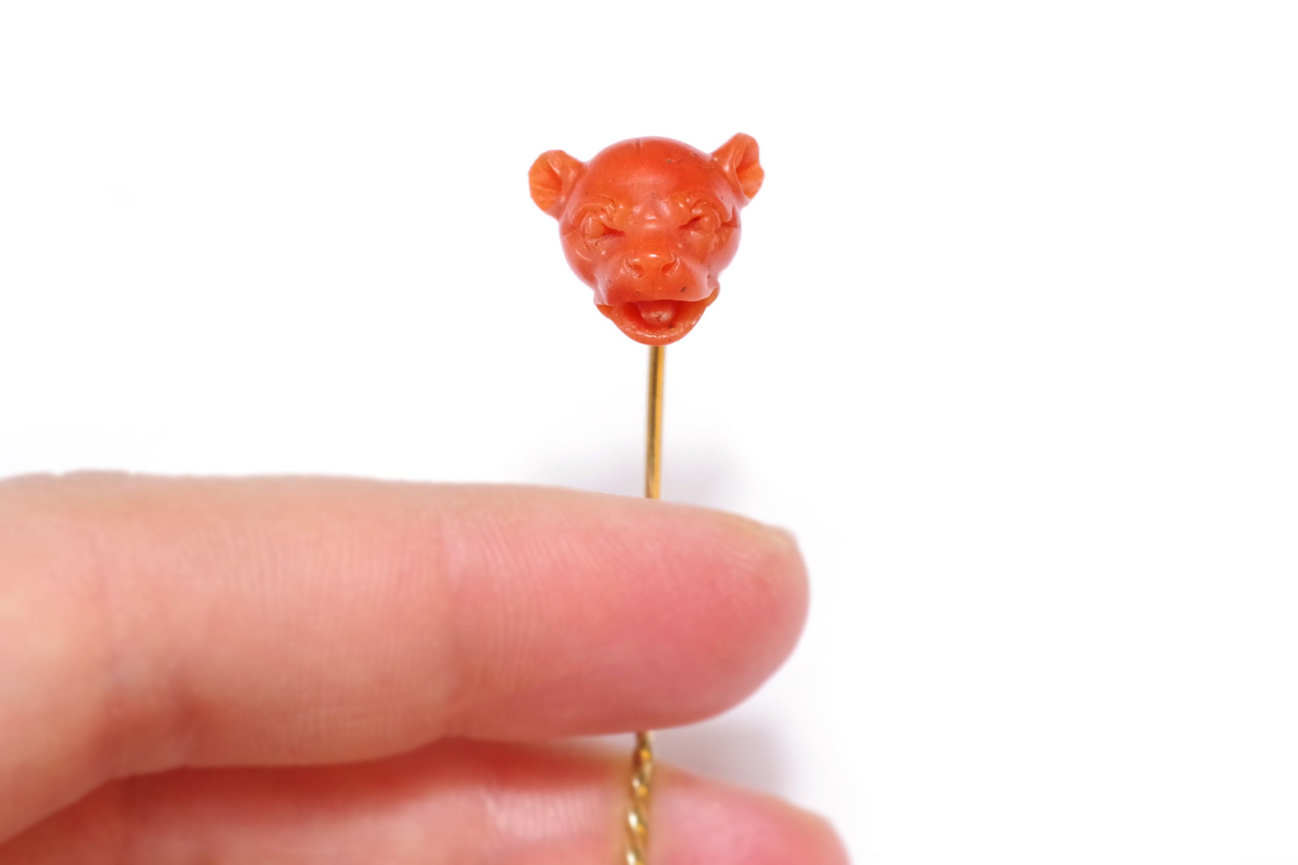 carved coral dog's head tie pin