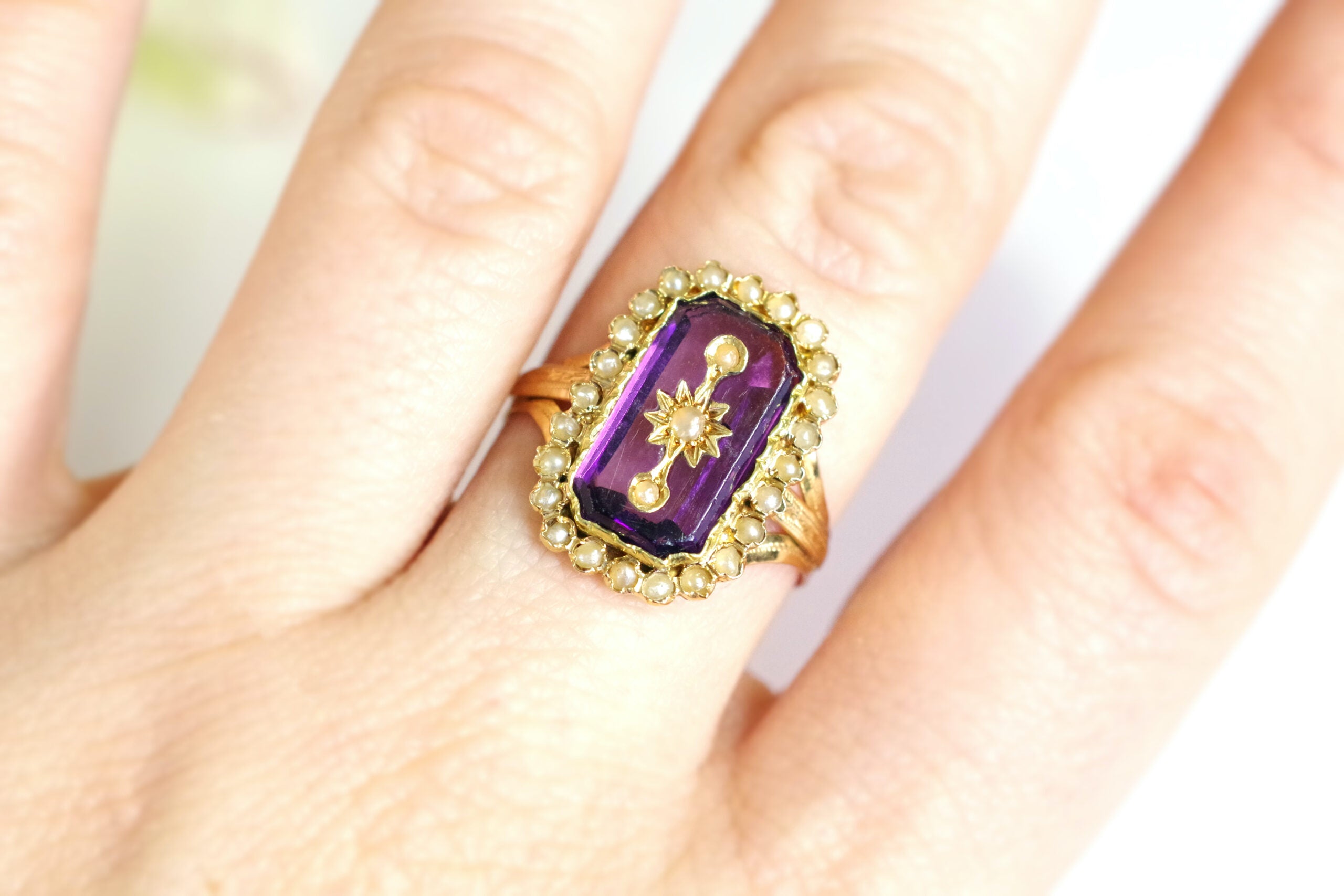 amethyst split pearl cluster ring purple glass 18k gold