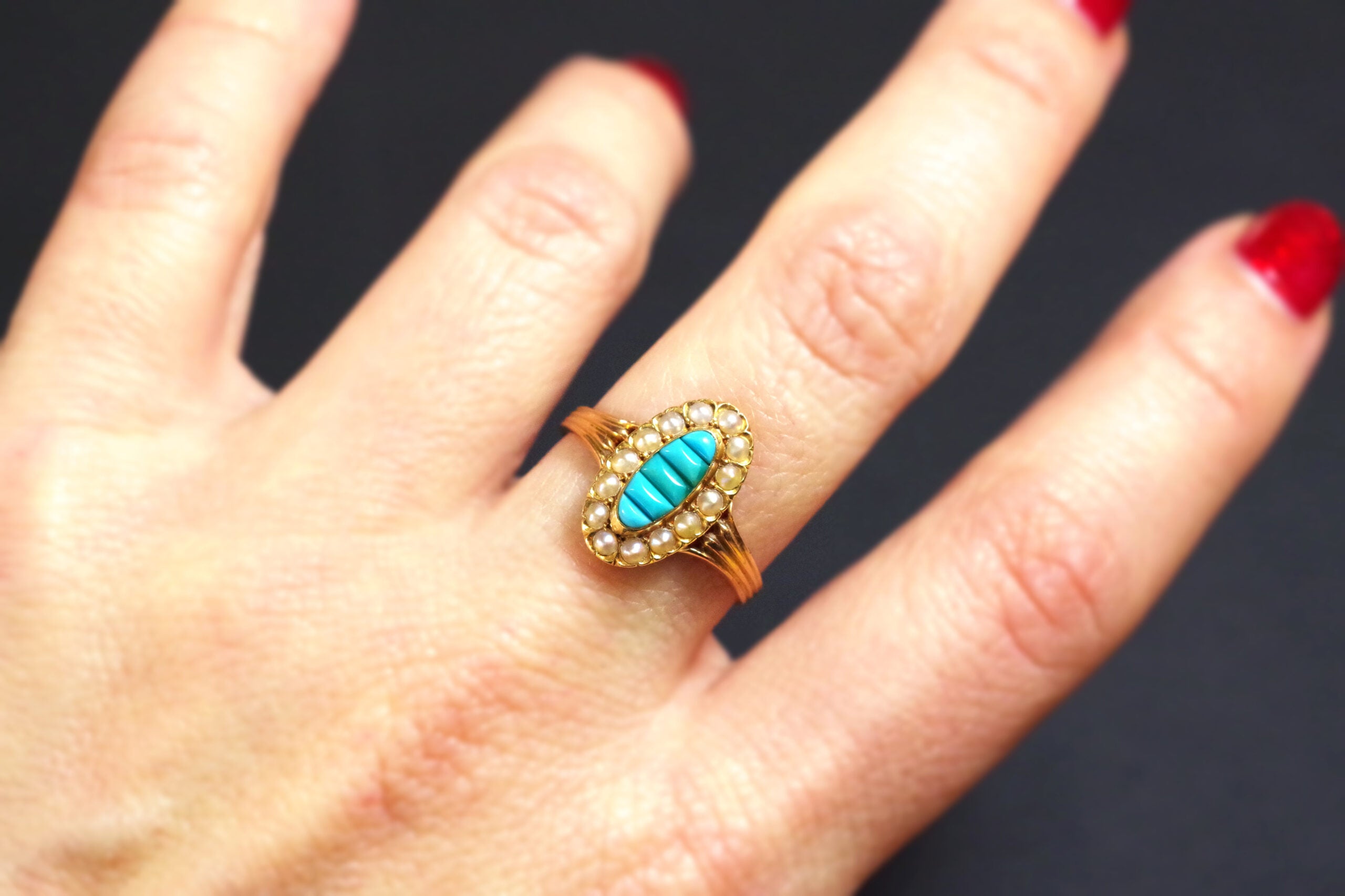 bague marquise turquoise perles en or