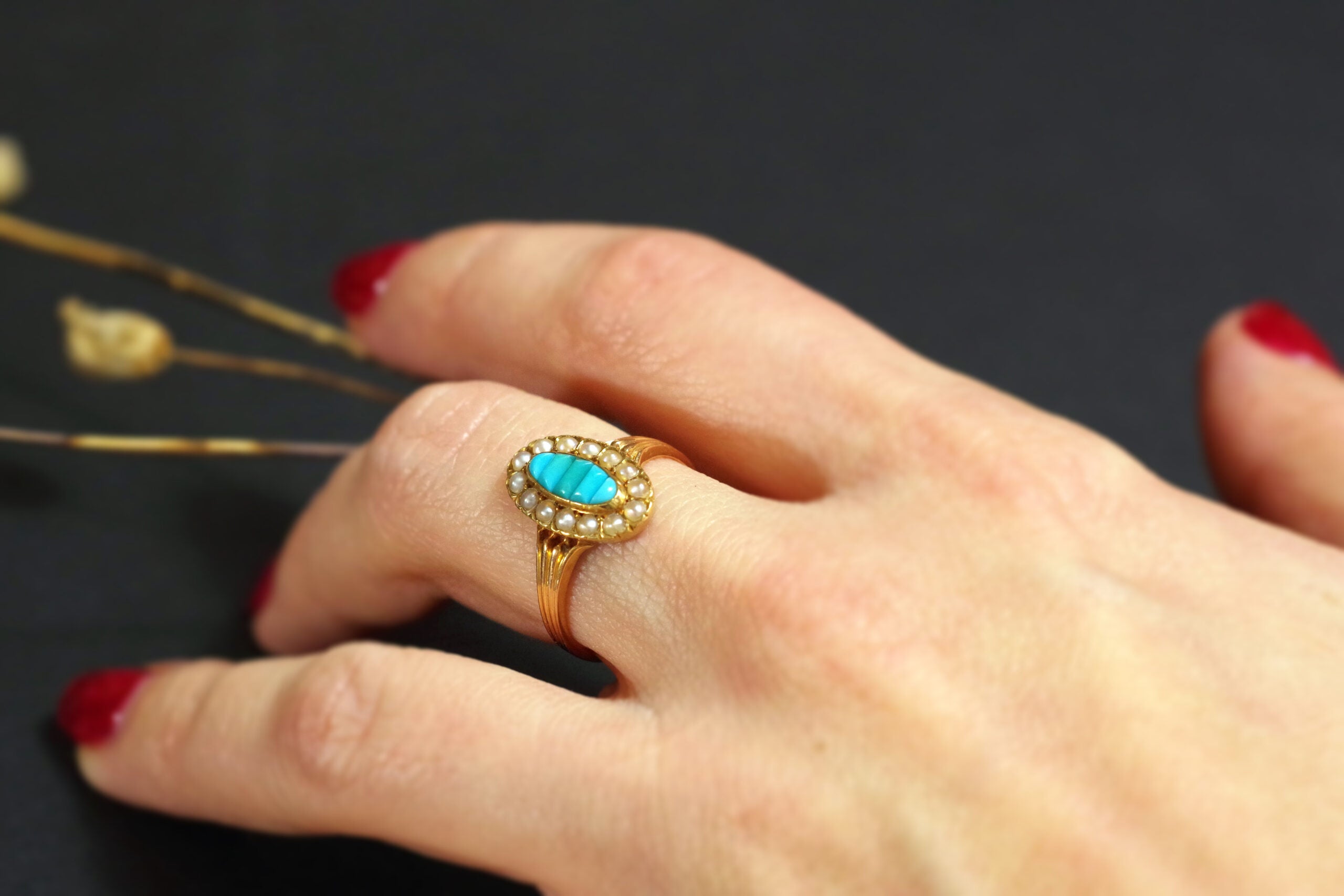 bague ancienne turquoise et perle