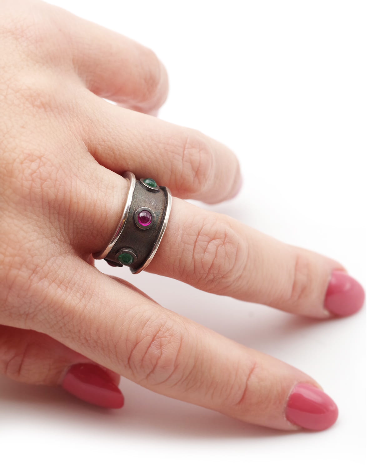 Bague rubis emeraude en argent