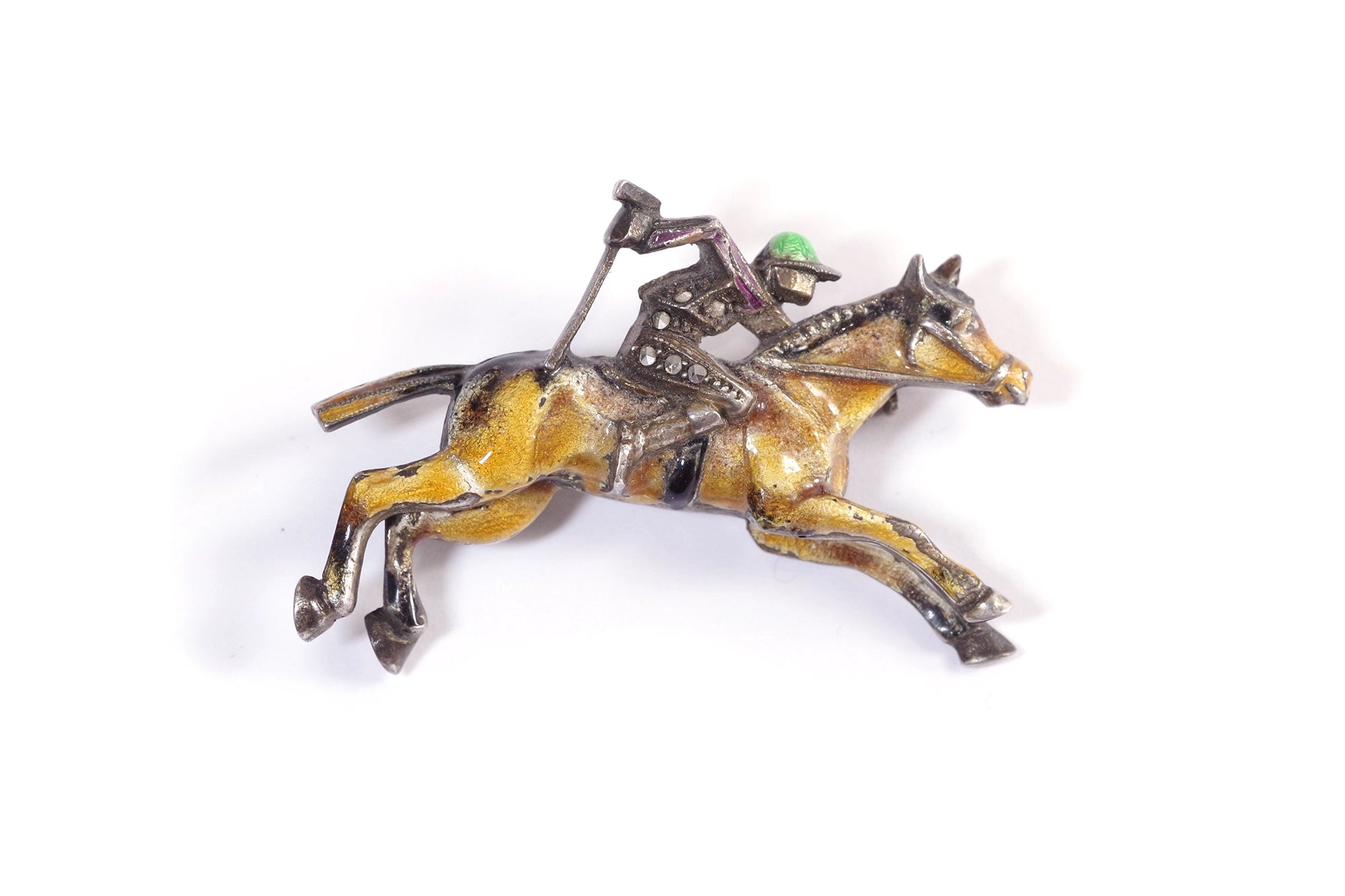 Jockey enamel silver brooch