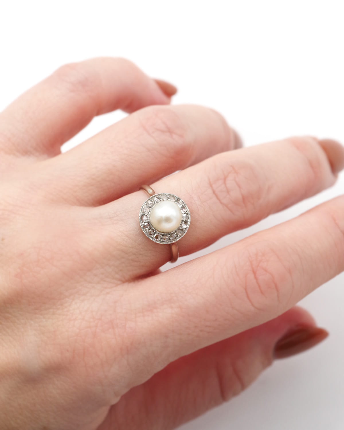 Art deco pearl and diamond target ring