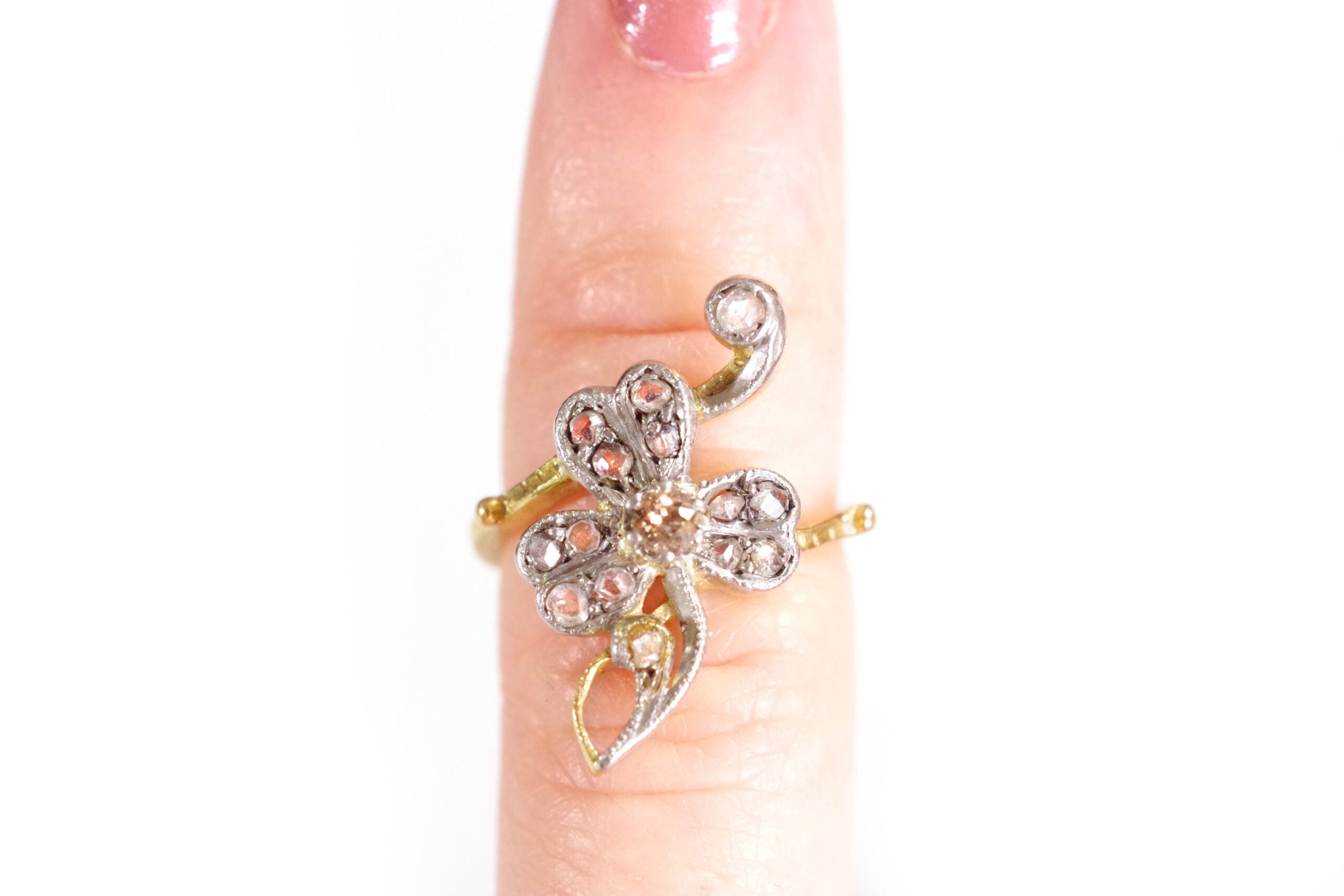 art nouveau cognac diamond ring lucky four leaves clover