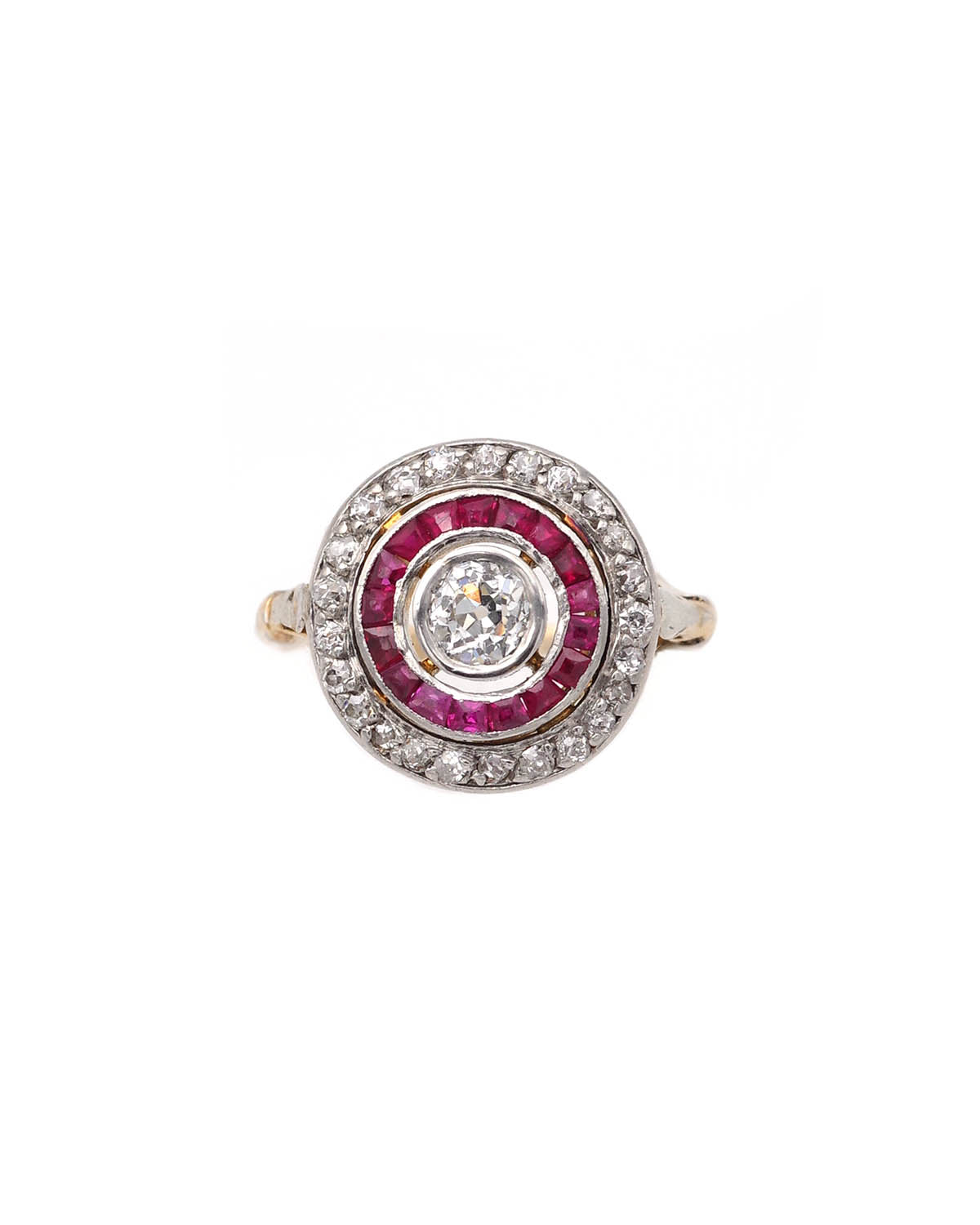 Bague cible art deco rubis diamants