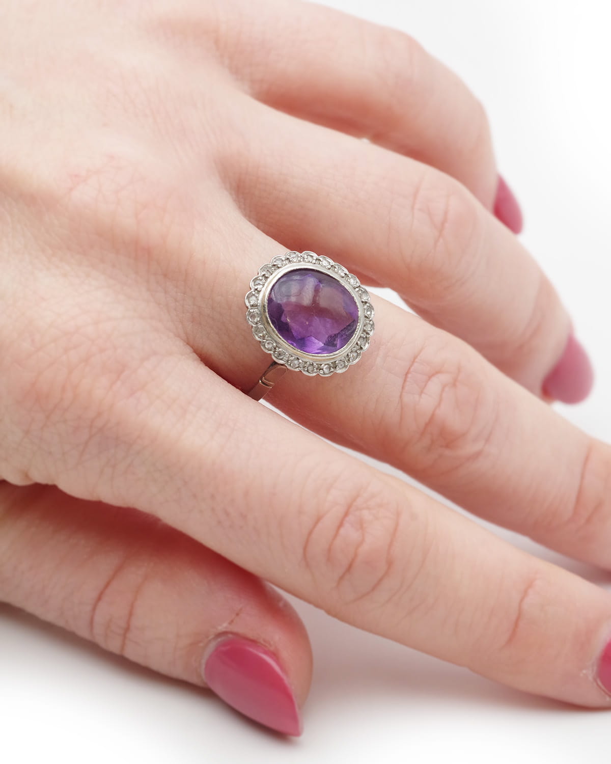 Cluster amethyst diamond ring