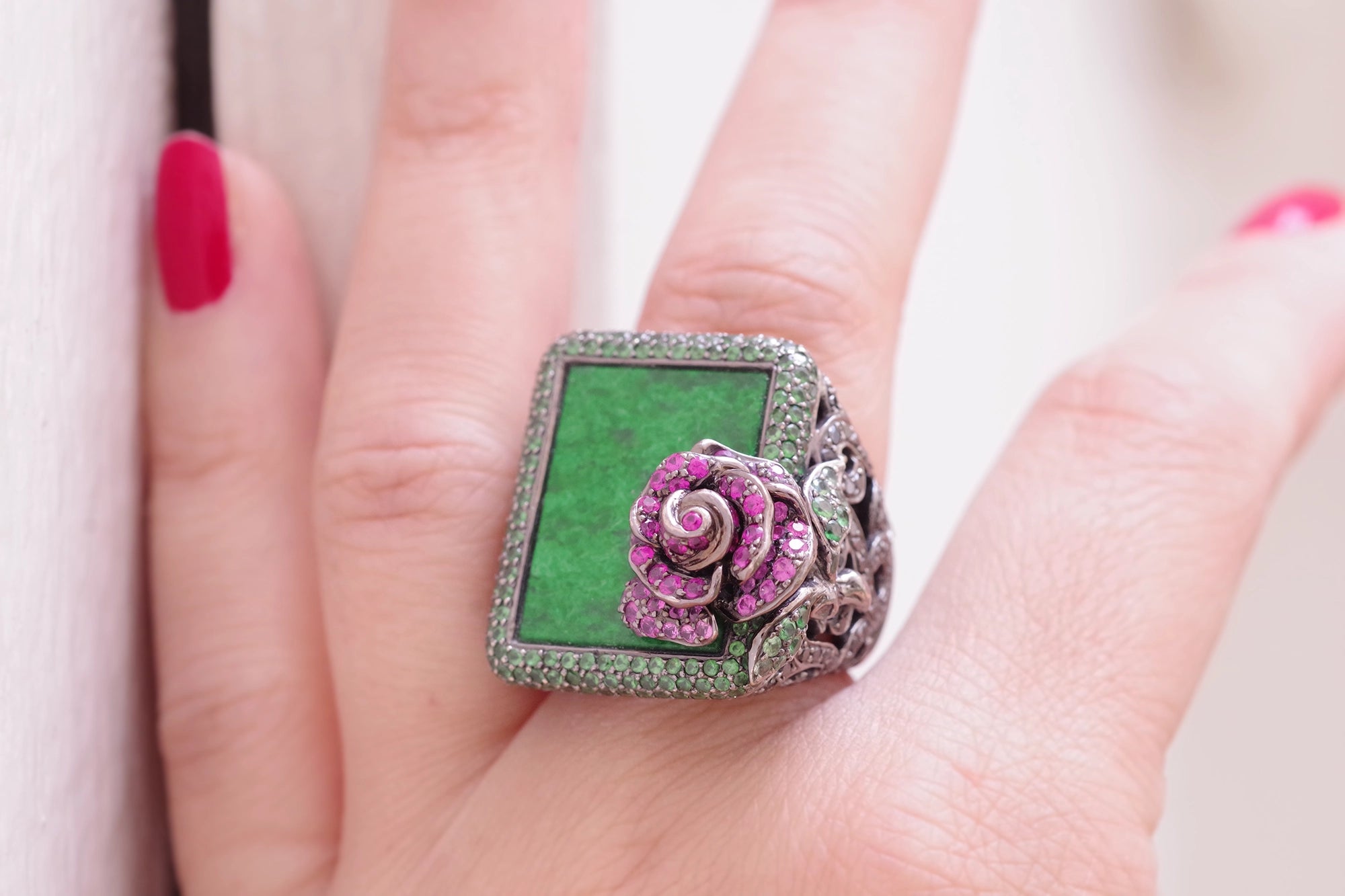 Bague cocktail rose jade